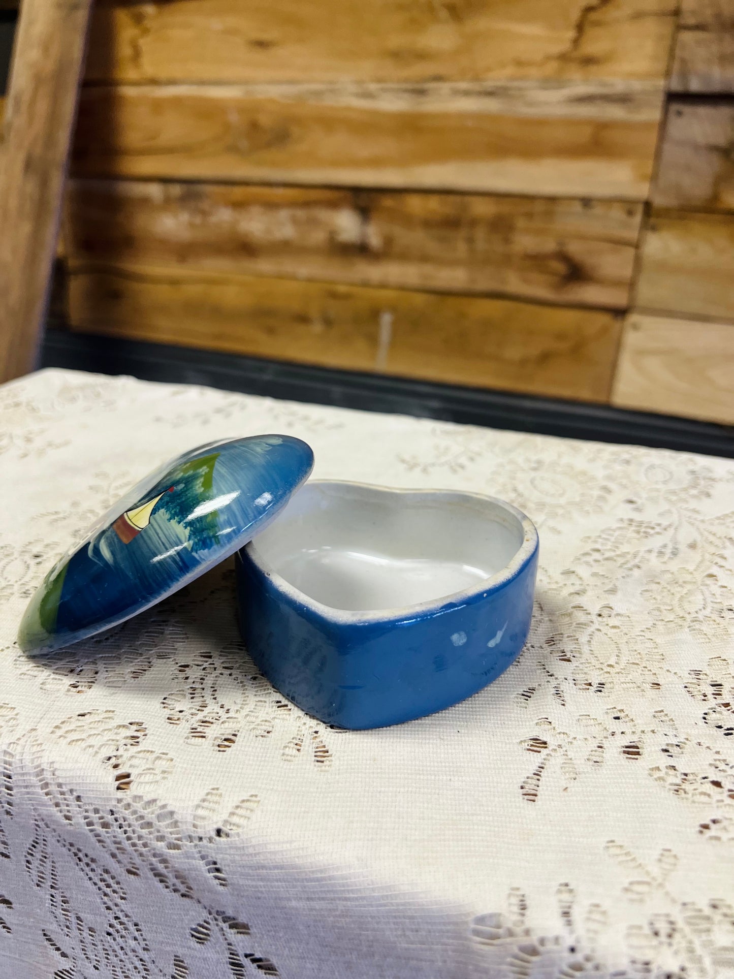 Vintage Nautical Heart Shaped Trinket Lighthouse Scene Dish