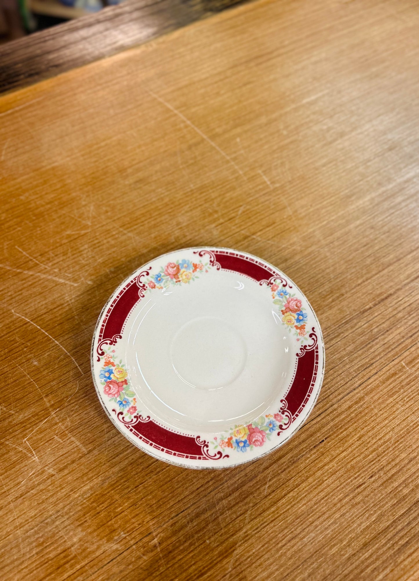 Vintage Homer Laughlin Saucer with Maroon Band and Floral Design