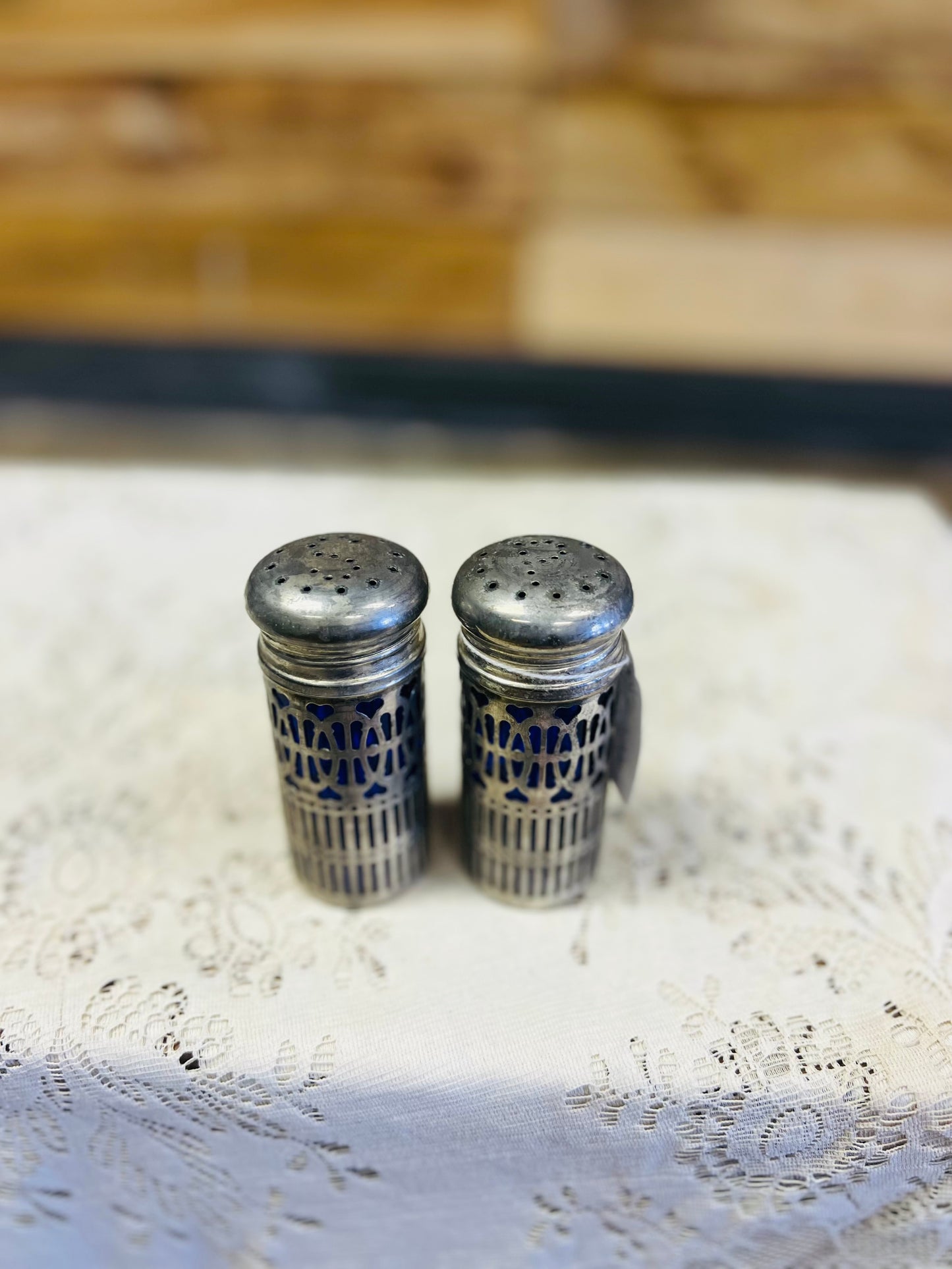 Vintage Cobalt Blue Salt and Pepper Shakers with Silver Plate