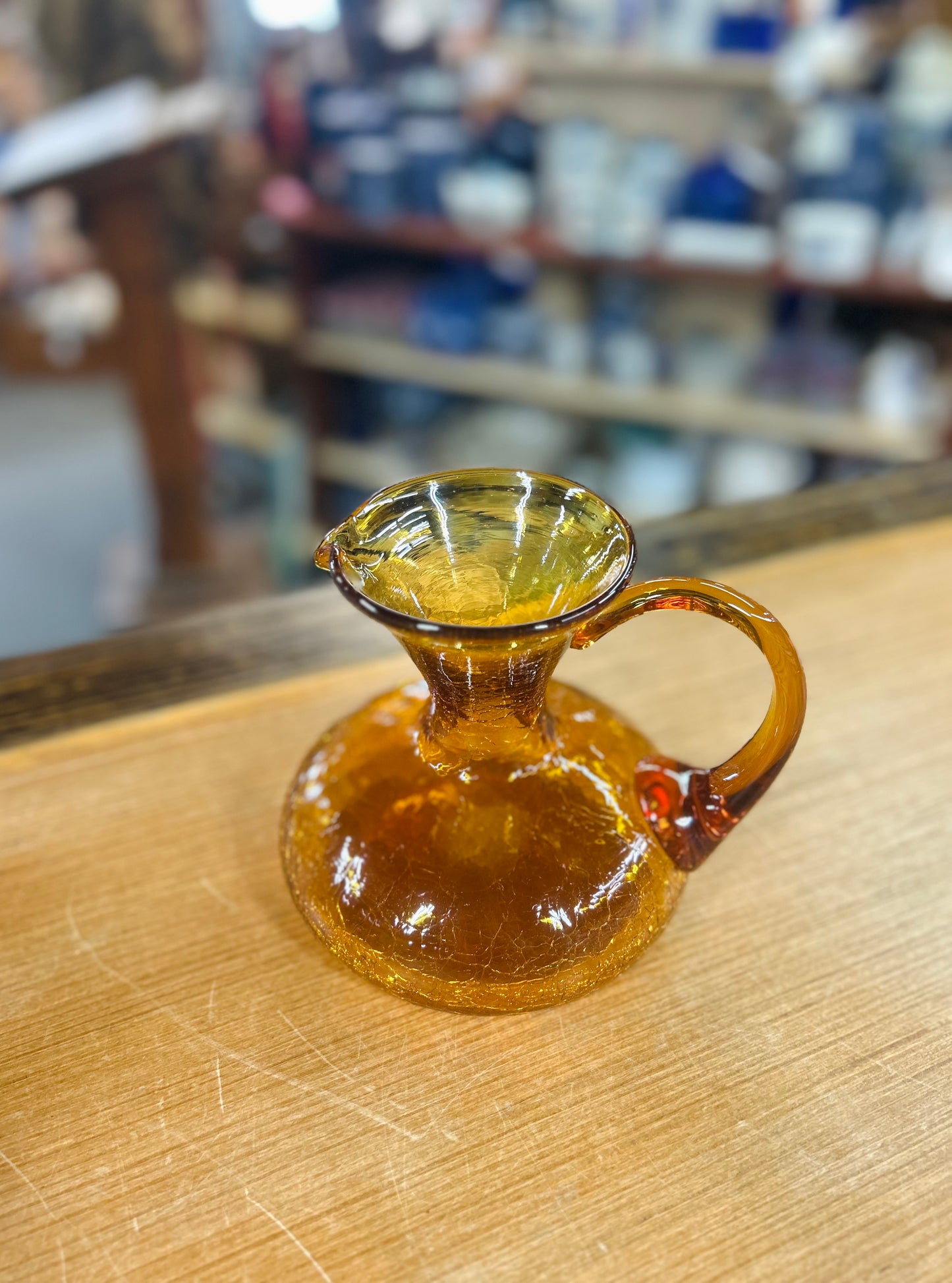 Old Amber Crackle Glass Hand Blown Pitcher