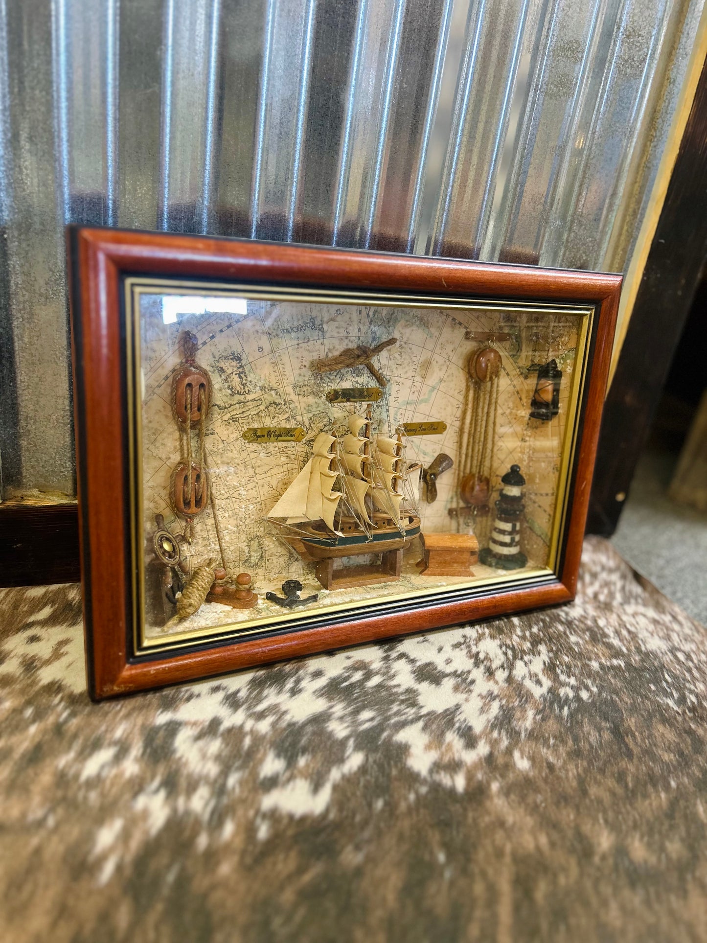 Vintage Nautical Diorama Shadow Box With Sailboat And Lighthouse
