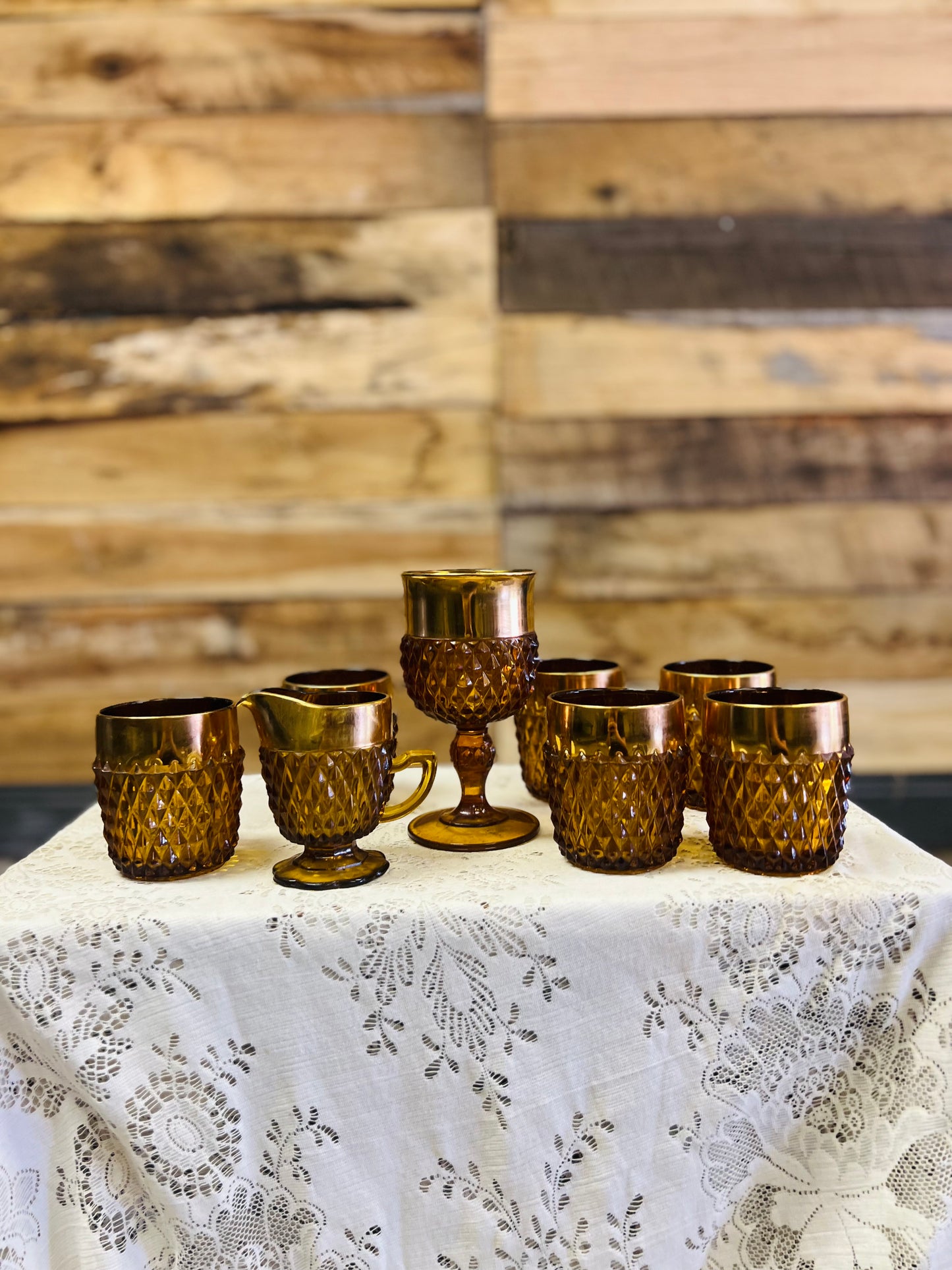 Vintage Indiana Glass Amber Diamond Point Tumbler 8 Piece Set