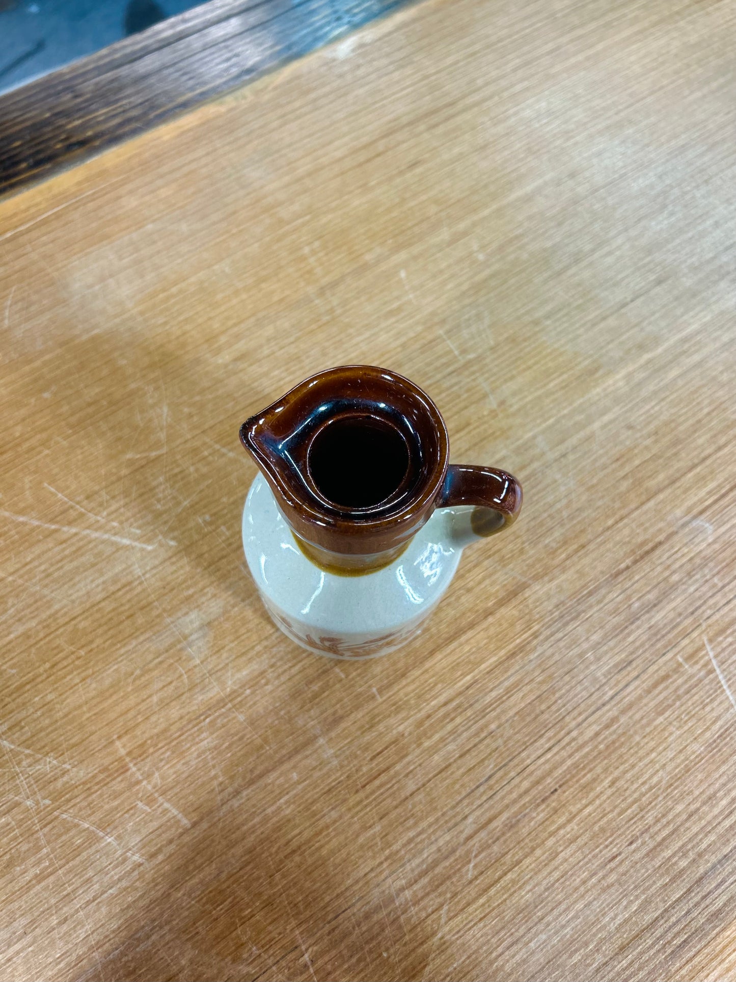 Vintage Brown and Beige Ceramic Pitcher with Wheat Pattern