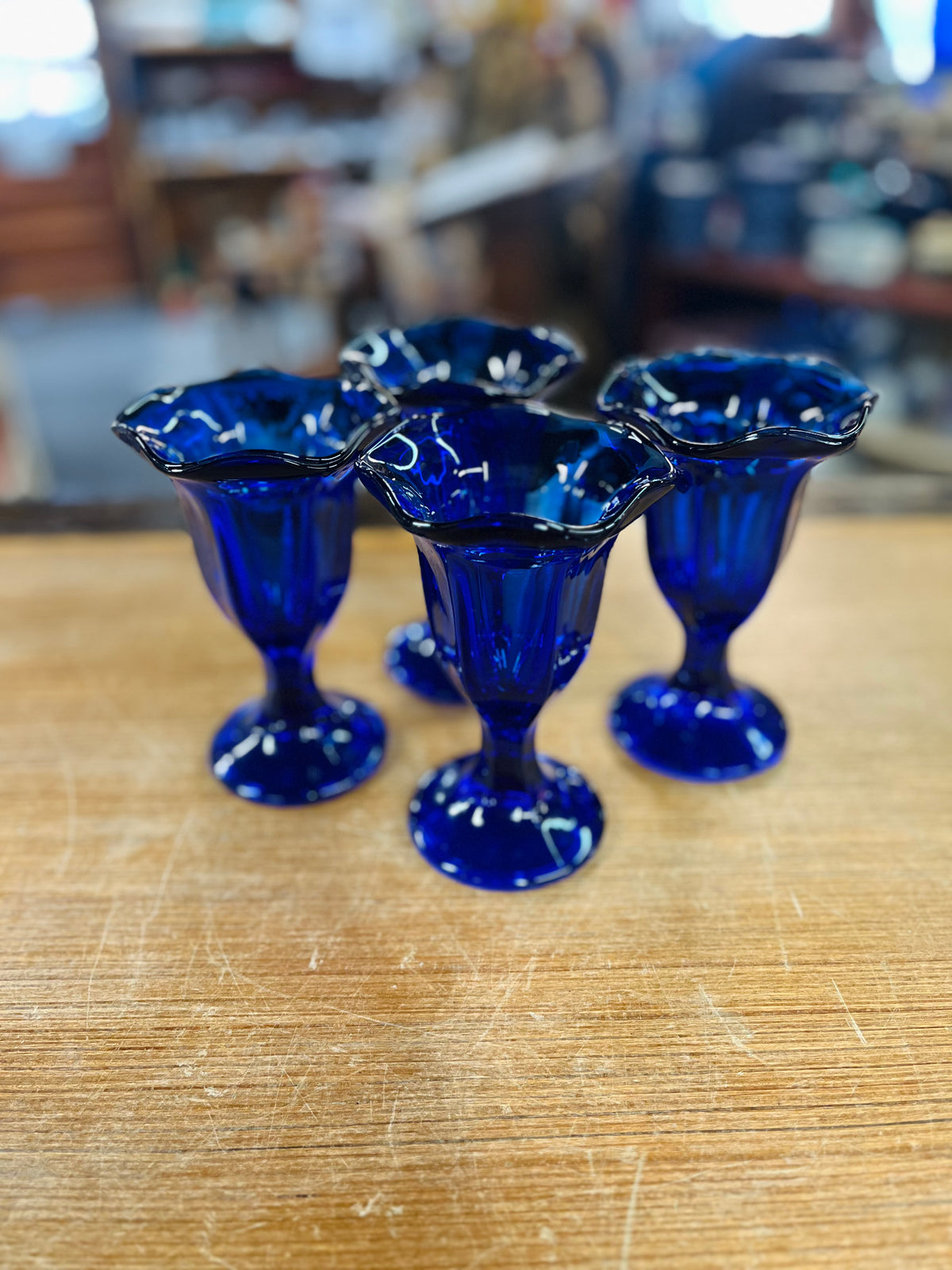 Vintage Cobalt Blue Tulip Shaped Sundae Set Of 4 Glasses