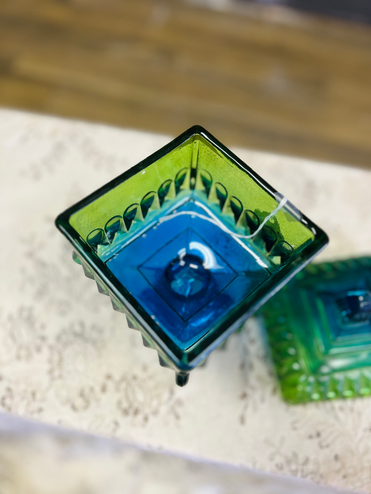 Vintage Blue & Green Ombre Pedestal Dish With Lid