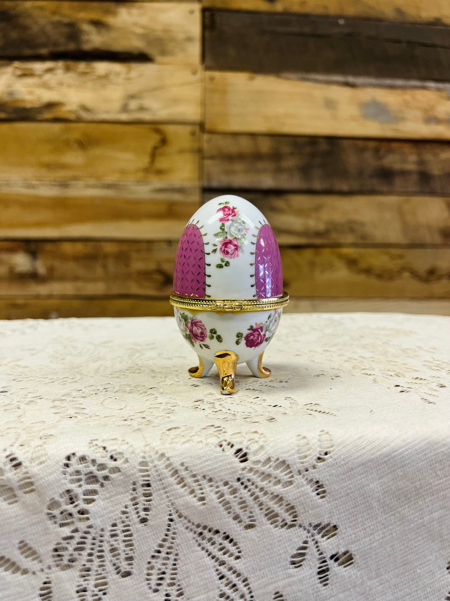 Vintage Egg Shaped Ceramic Trinket Box with Floral Designs