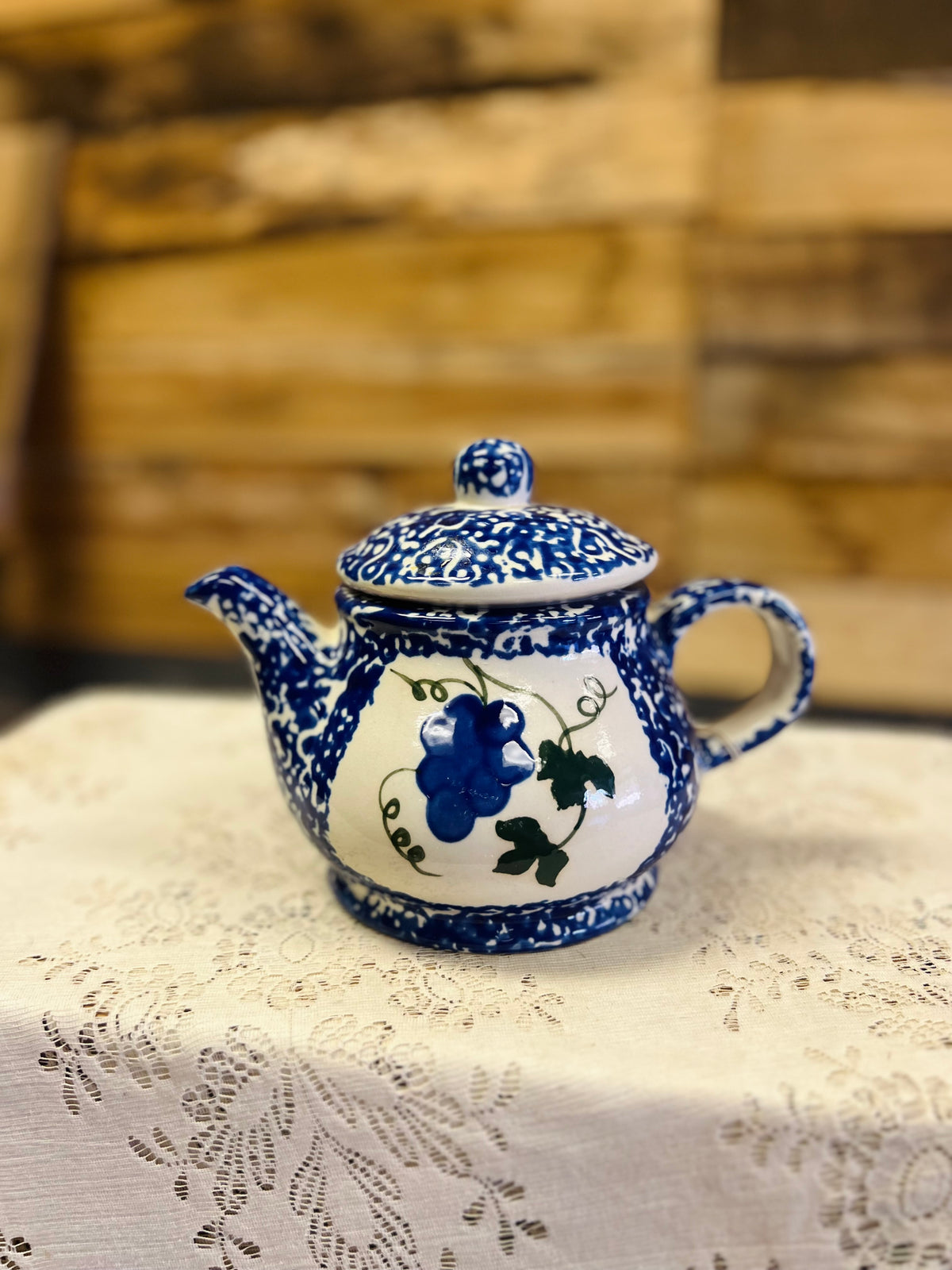 Vintage Blue Teapot With Grapes