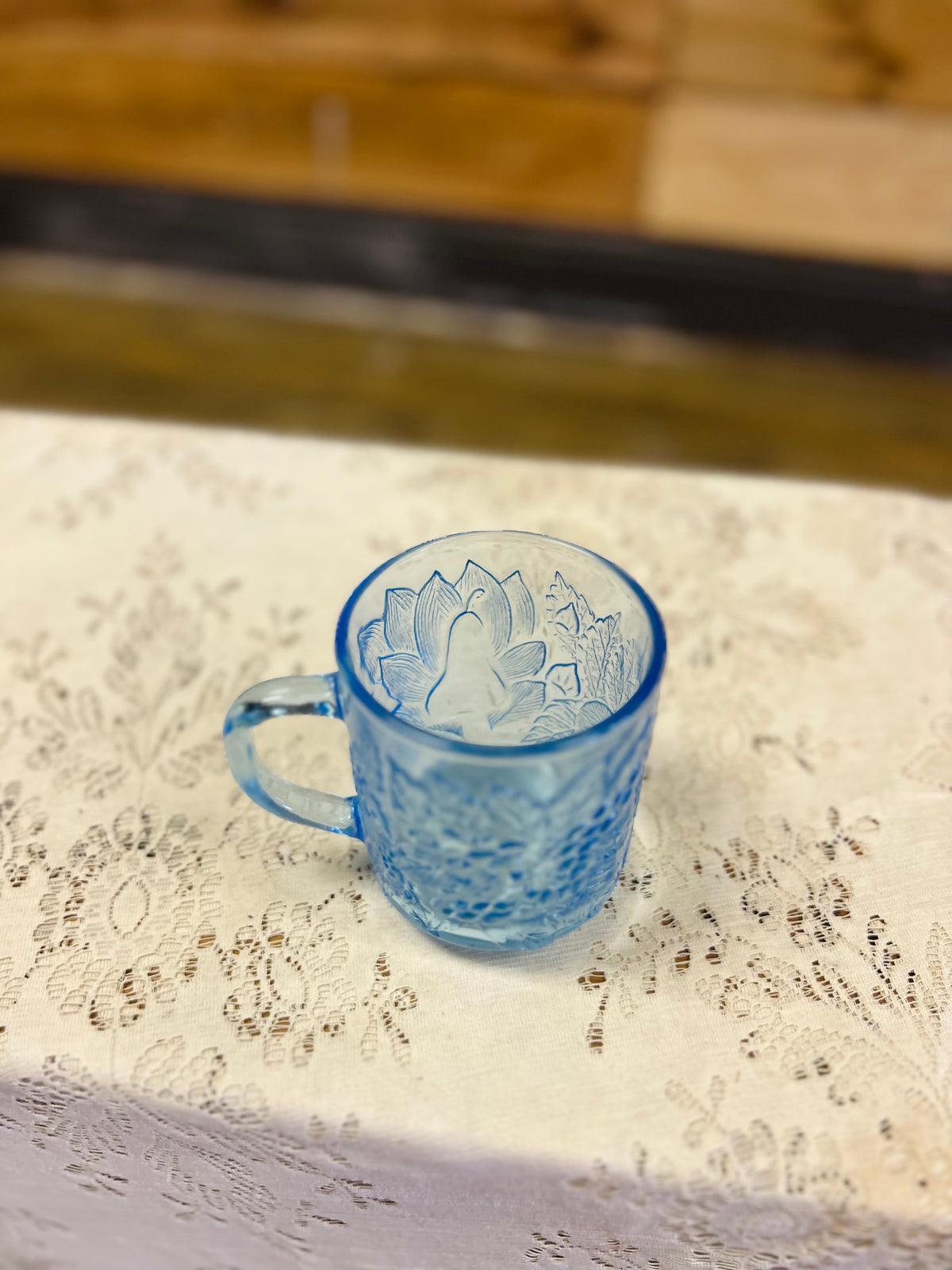 Vintage Ice Blue Floral & Fruit Glass Mug