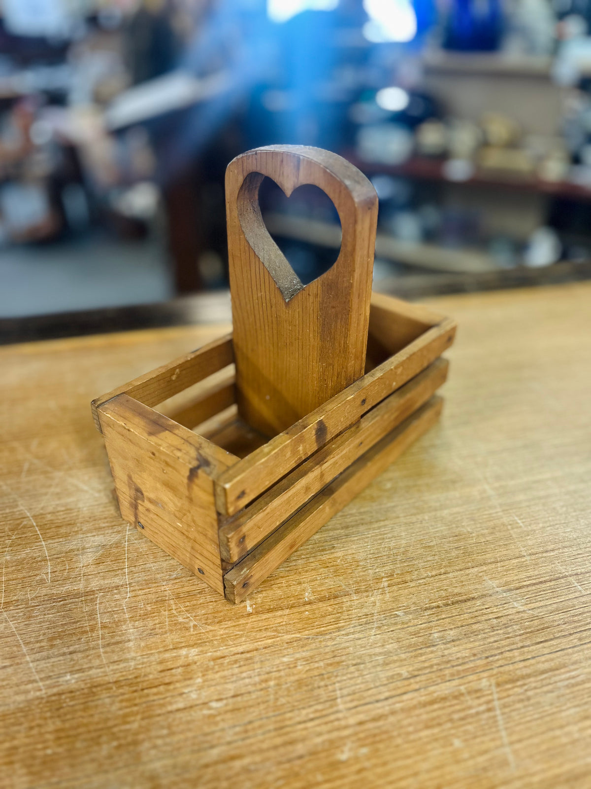 Vintage Wooden Storage Caddy With Heart Shape Cut Out
