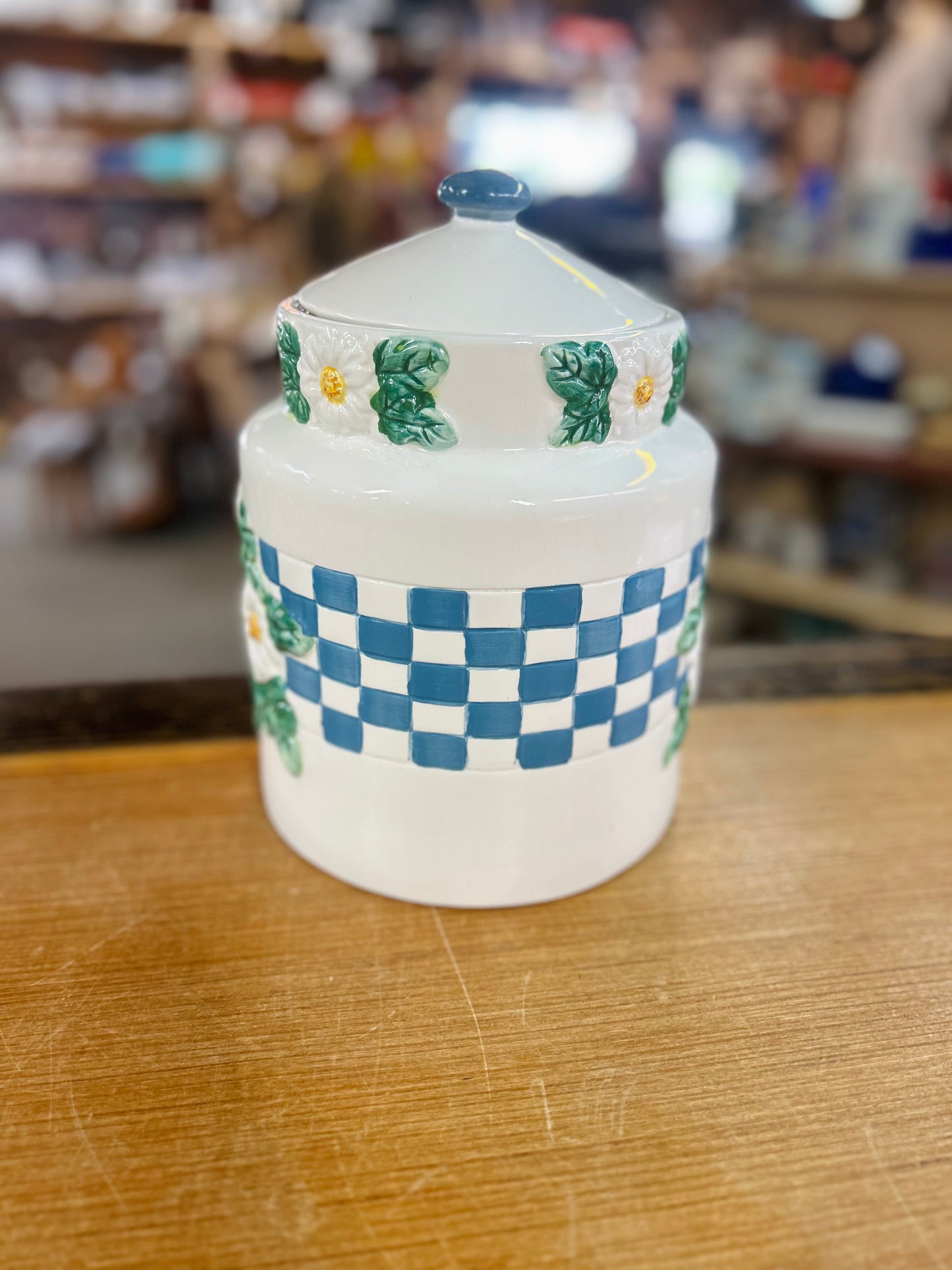 Vintage 1997 Young's Canister with Blue Gingham and Raised Daisy Detailing