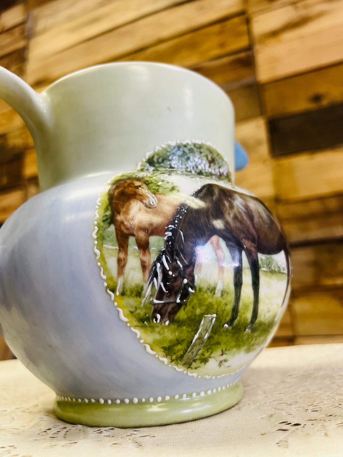 Vintage Ceramic Pitcher with Hand Painted Scene of Horse
