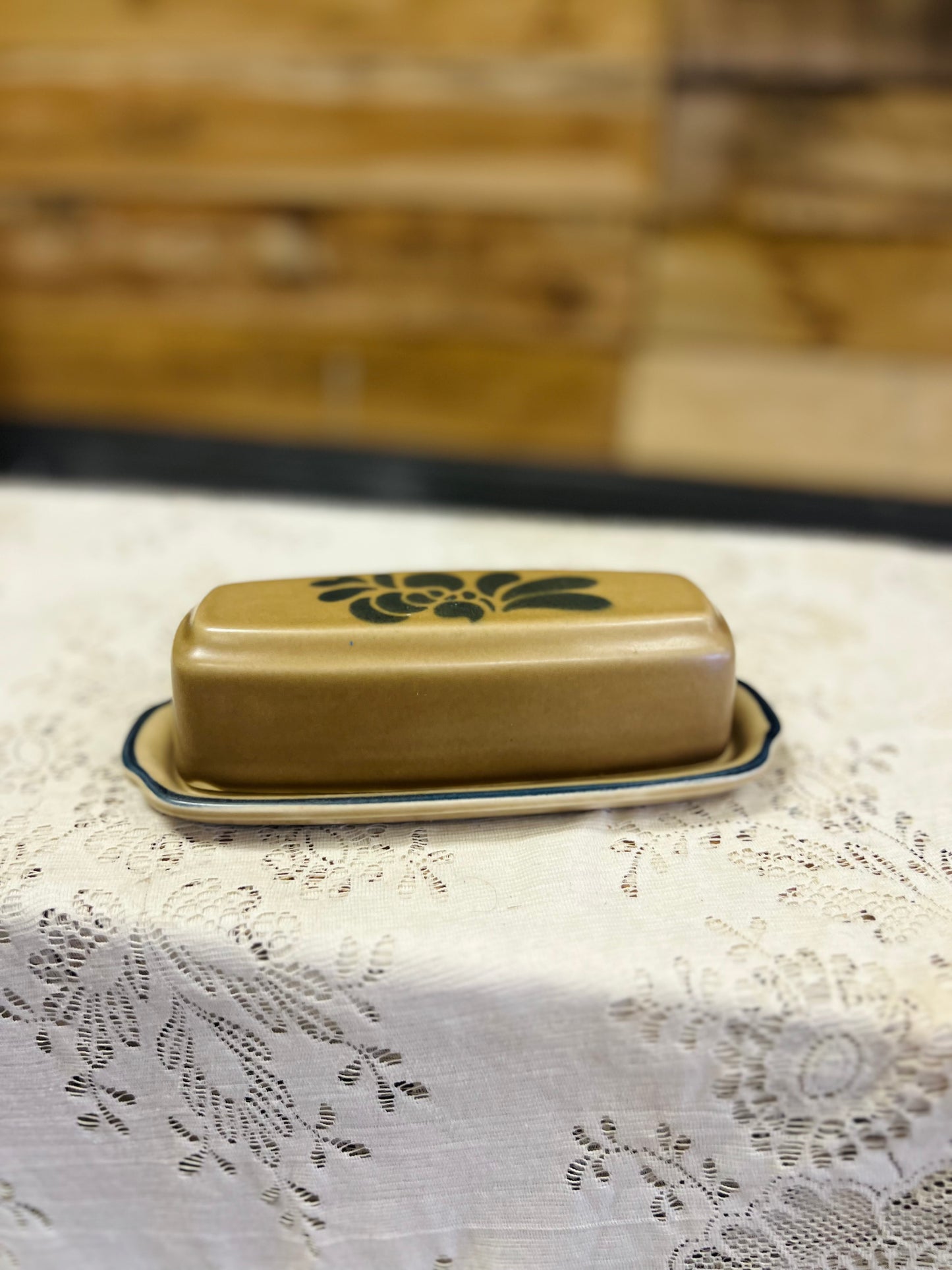 Vintage Tan and Blue Pfaltzgraff Butter Dish