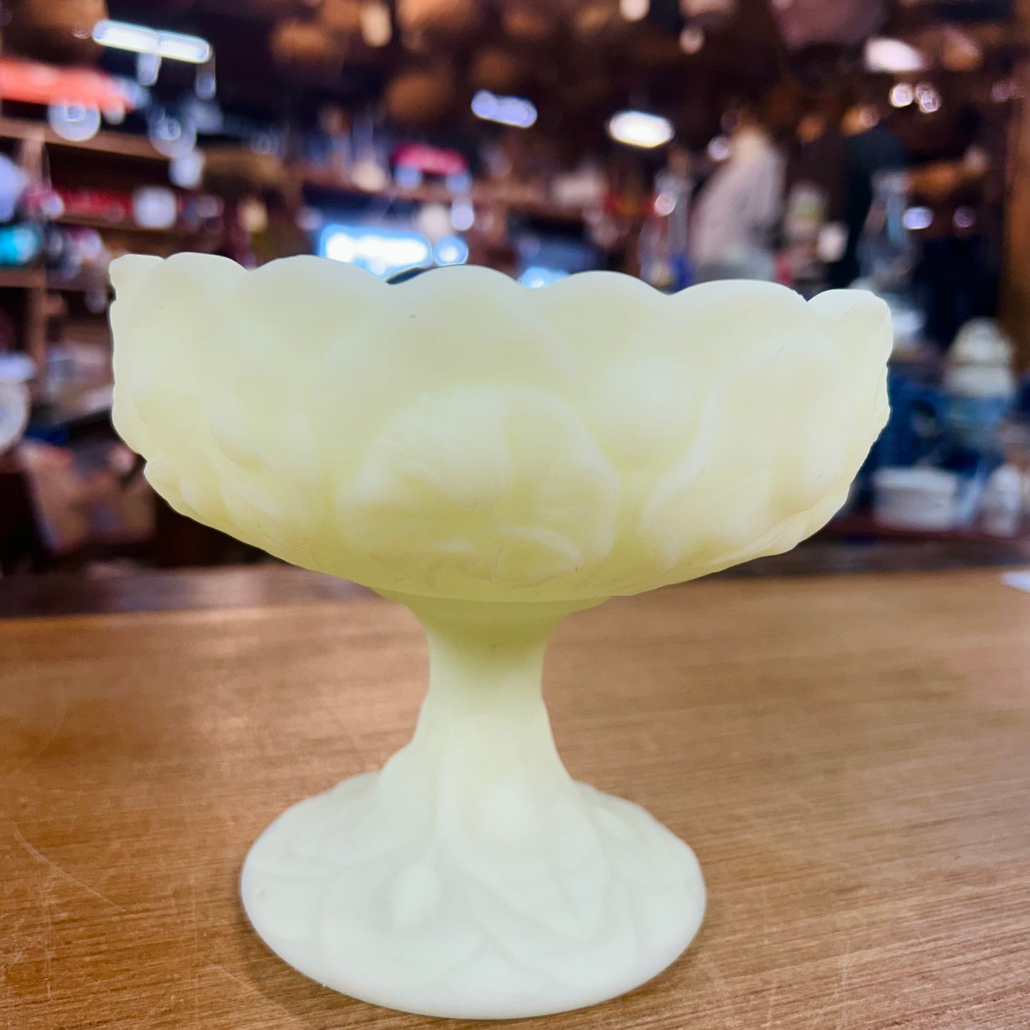 Vintage 1970's Fenton "Water Lily" Compote Custard Glass with Yellow Satin Finish