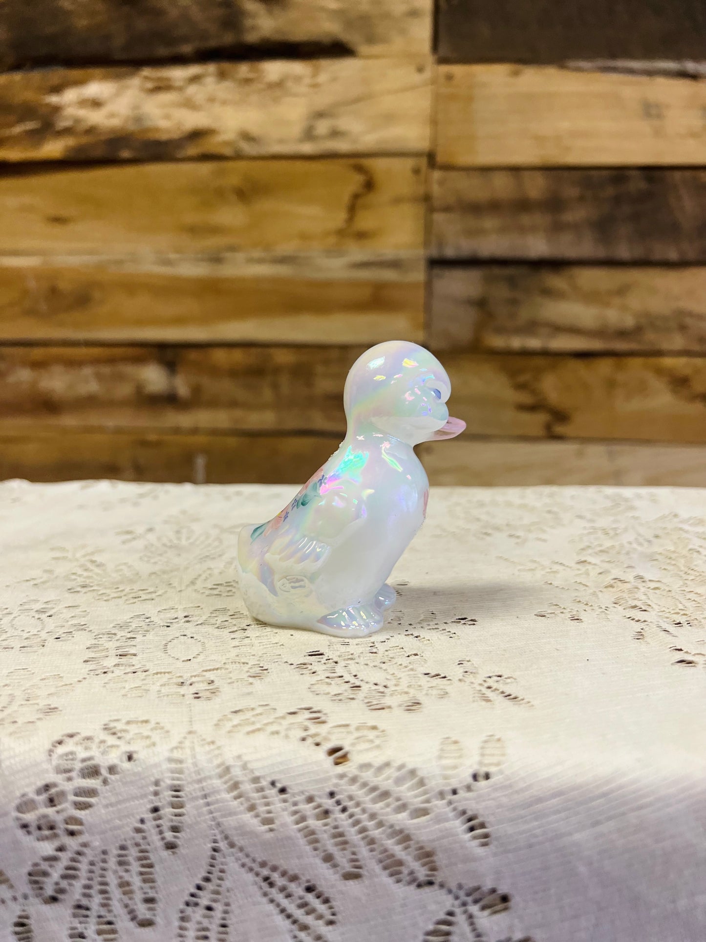 Vintage Fenton White Iridescent Milk Glass with Floral Details Duckling Figurine
