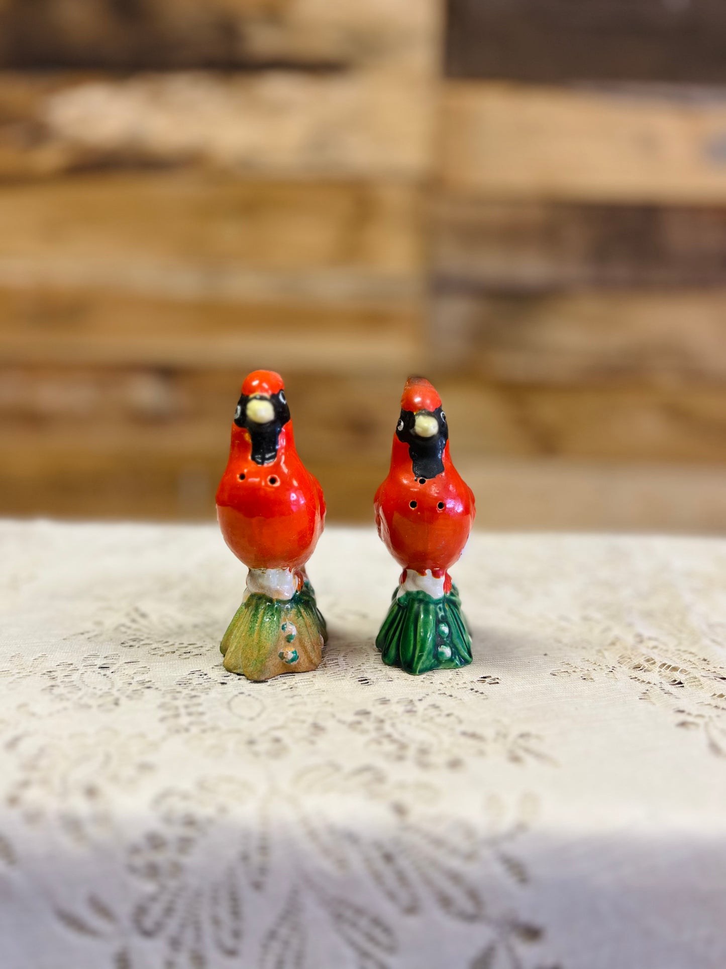 Vintage Ceramic Cardinal Salt and Pepper Shakers Perched on Green Base