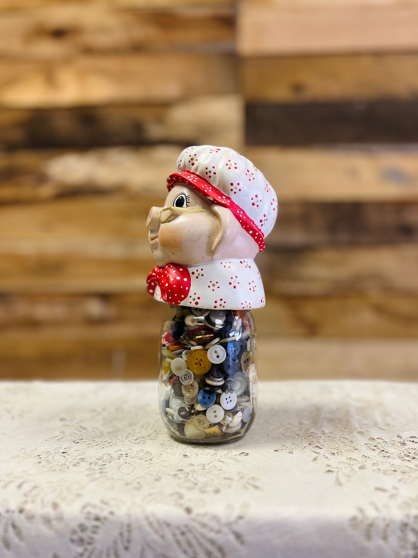 Vintage Style Ceramic " Grandma Pig" Mason Jar Filled with Buttons