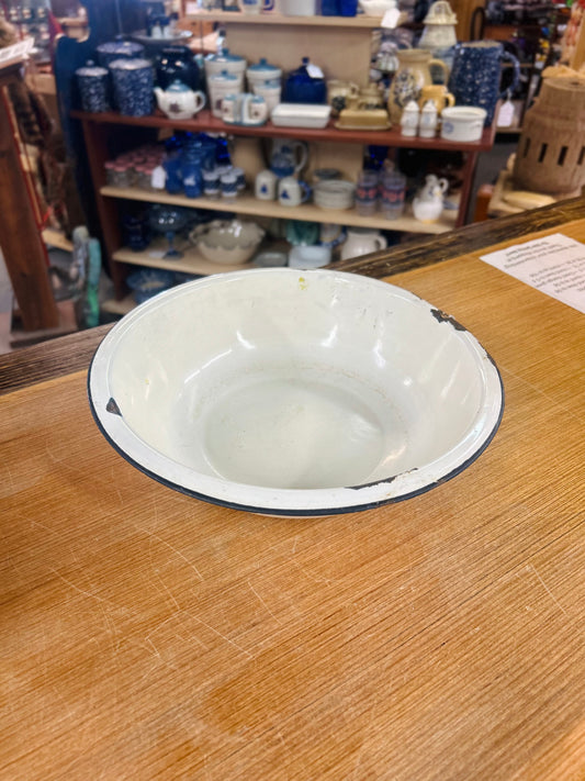 Old White Ceramic Bowl with Black Trim