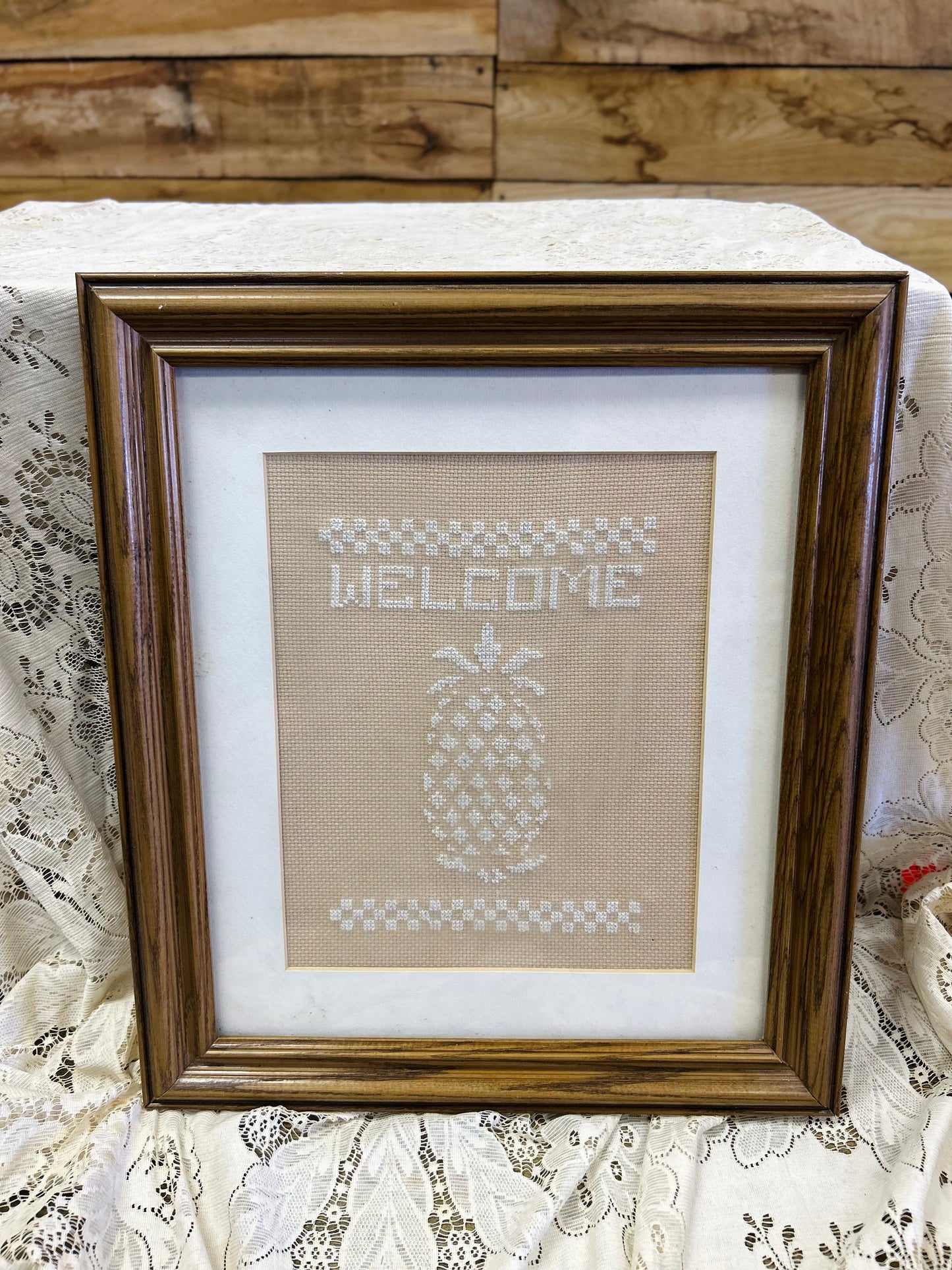 Vintage Cross-stitched Pineapple "Welcome" Framed Sign
