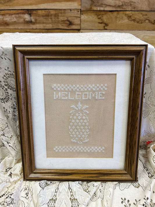 Vintage Cross-stitched Pineapple "Welcome" Framed Sign