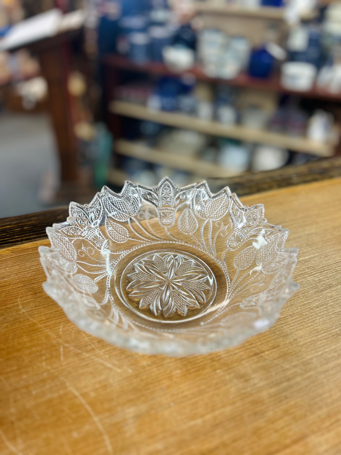 Vintage Pressed Glass Bowl with Flower Design and Sawtooth Edge