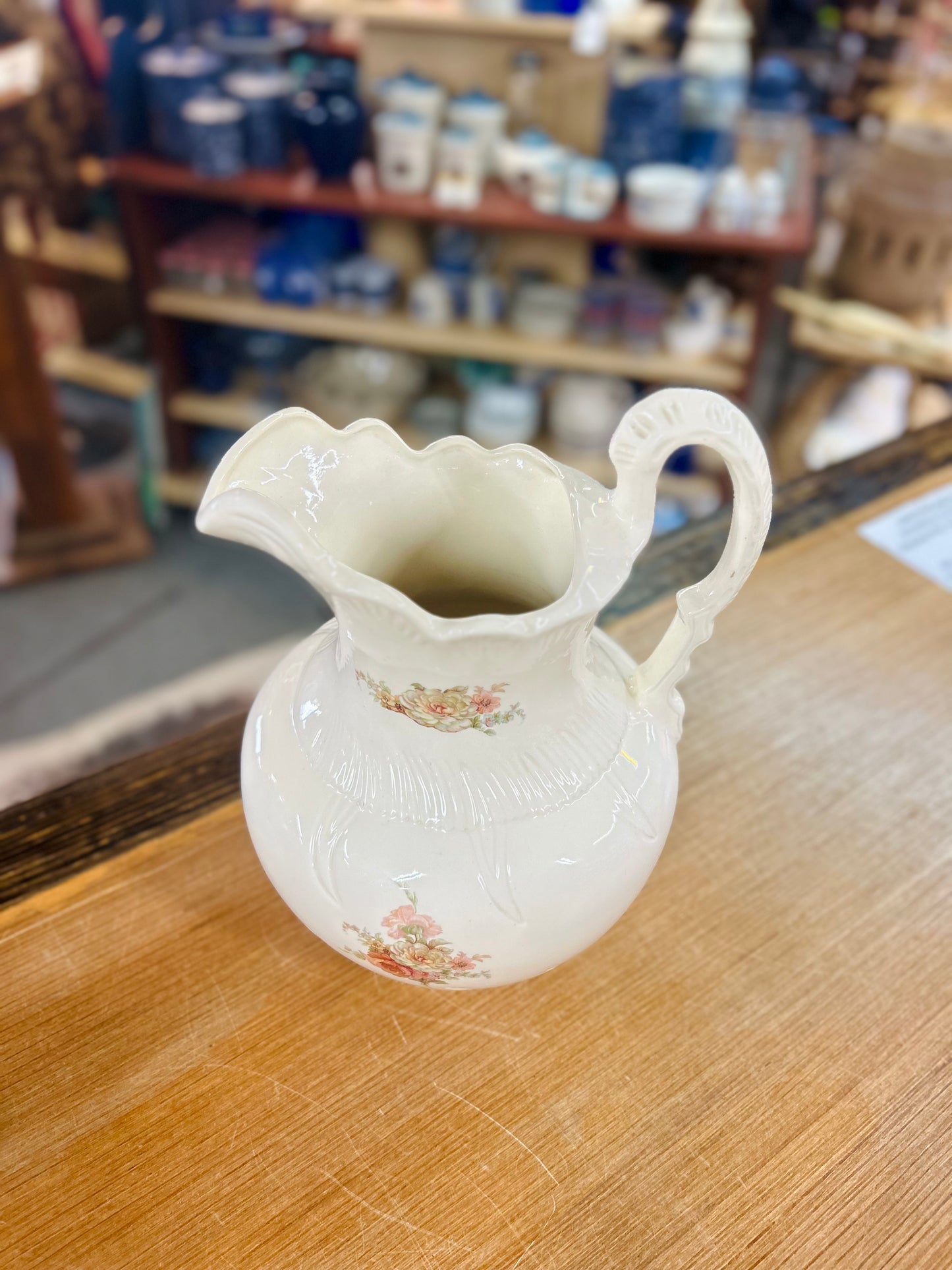 Vintage 1977 Hand Finished Large Pitcher with Floral Design