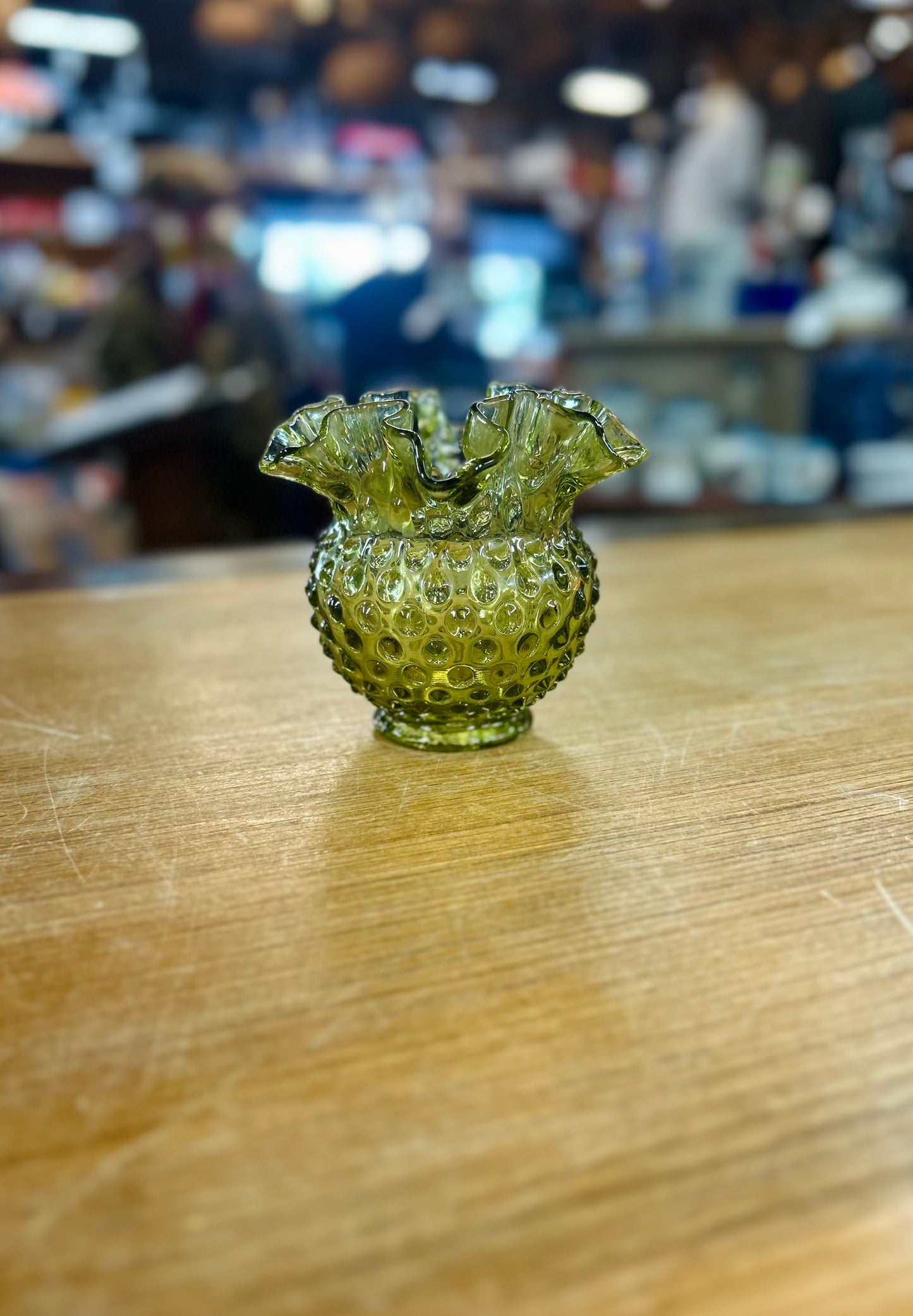 Vintage Fenton Olive Green Hobnail Glass Vase