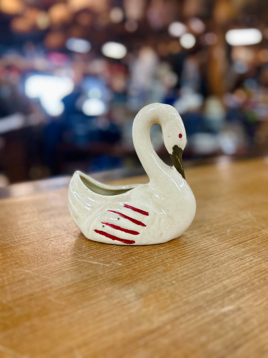 Vintage Swan Planter with Red Stripe Details