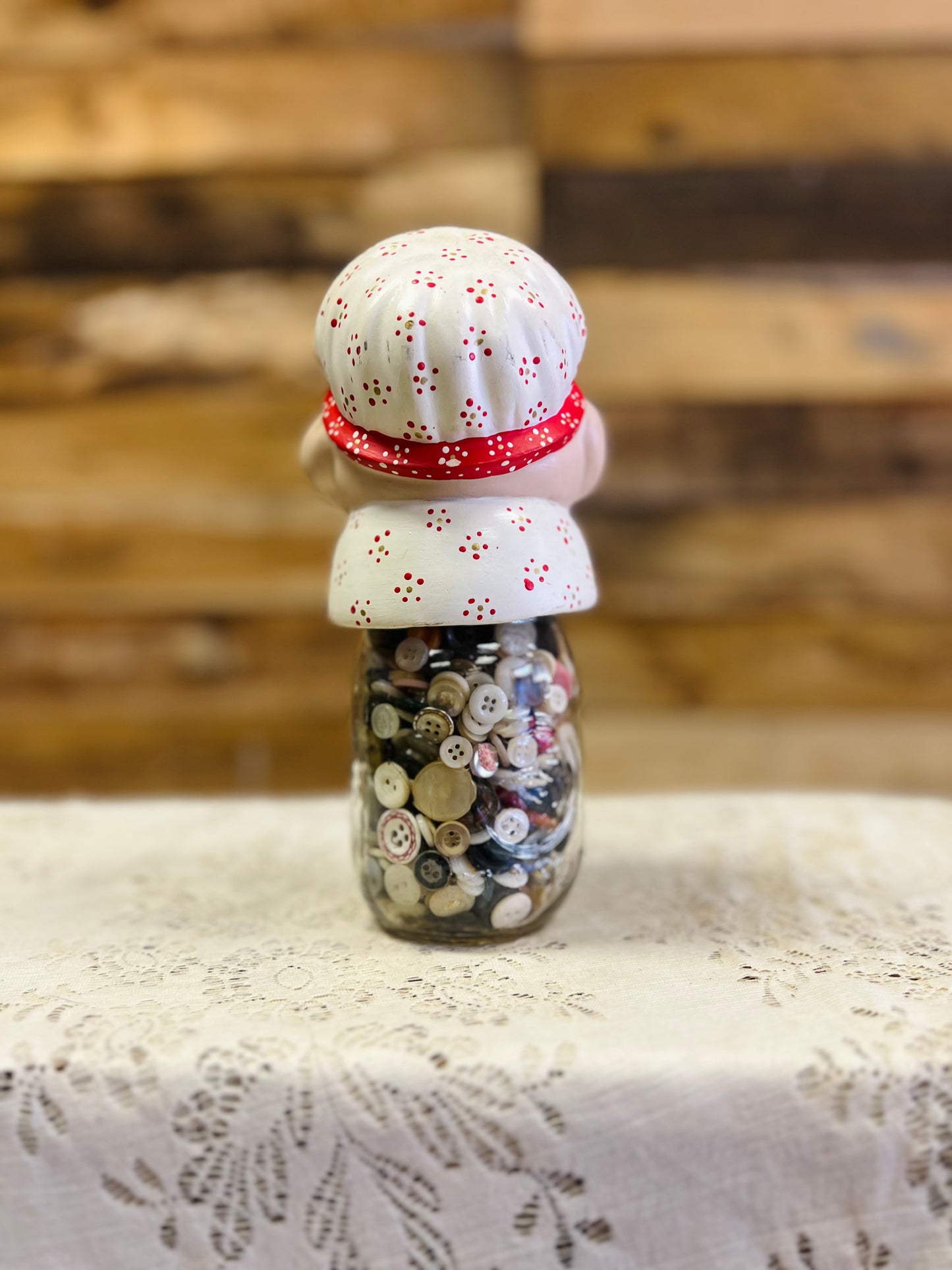 Vintage Style Ceramic " Grandma Pig" Mason Jar Filled with Buttons