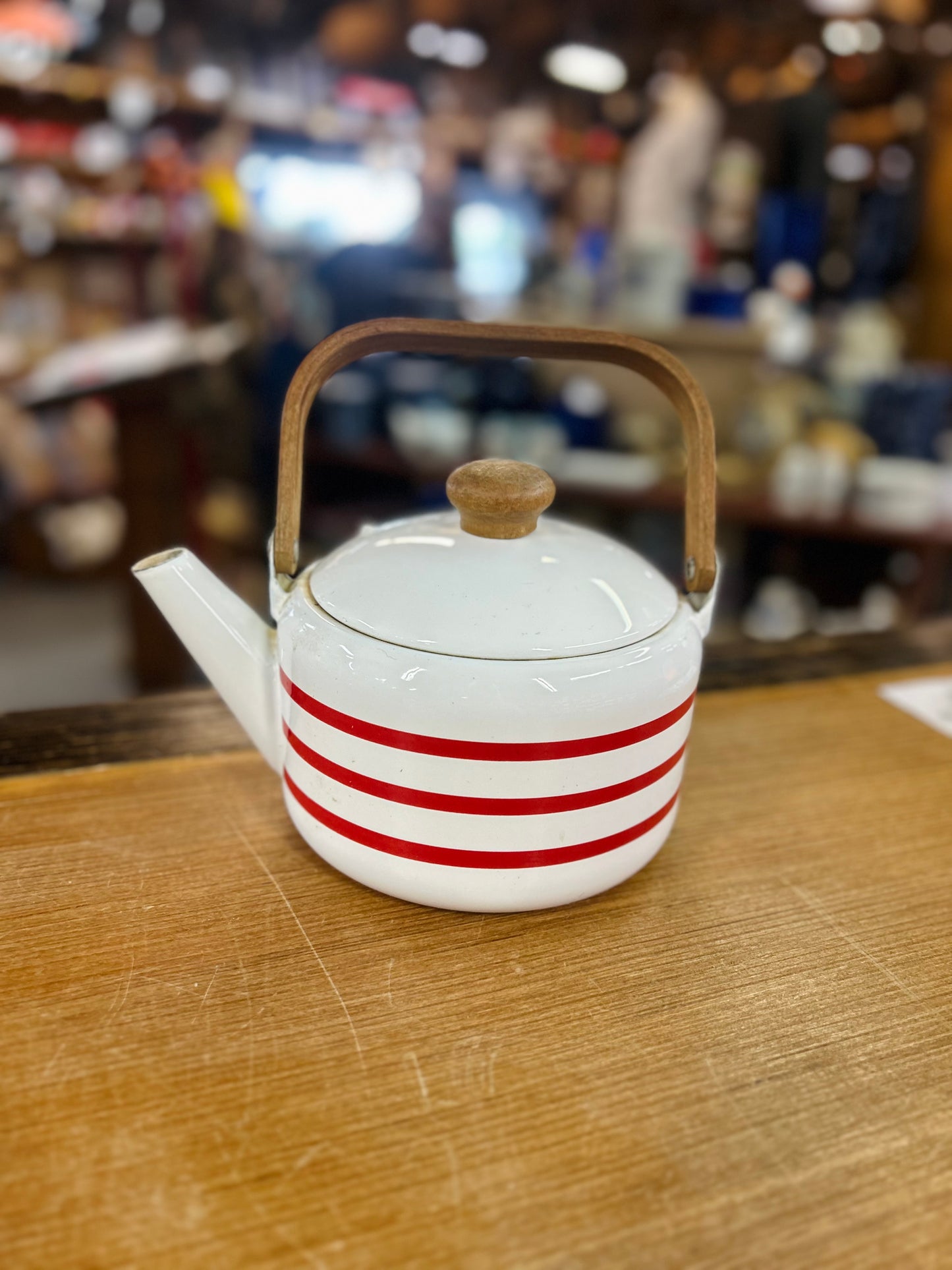 Vintage Granite Tea Kettle with Wooden Handle and Red Stripes