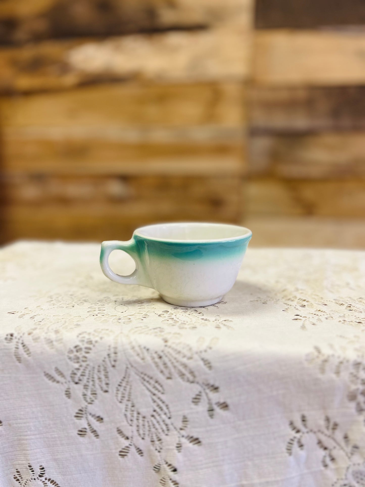 Vintage Buffalo China Mug with Turquoise Band on White Ceramic