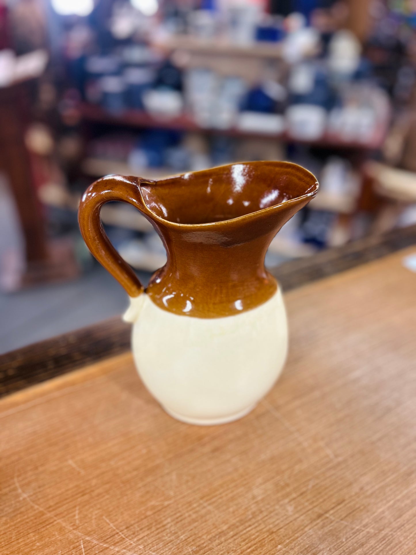 Antique Glazed Pottery Brown and Beige Water Pitcher