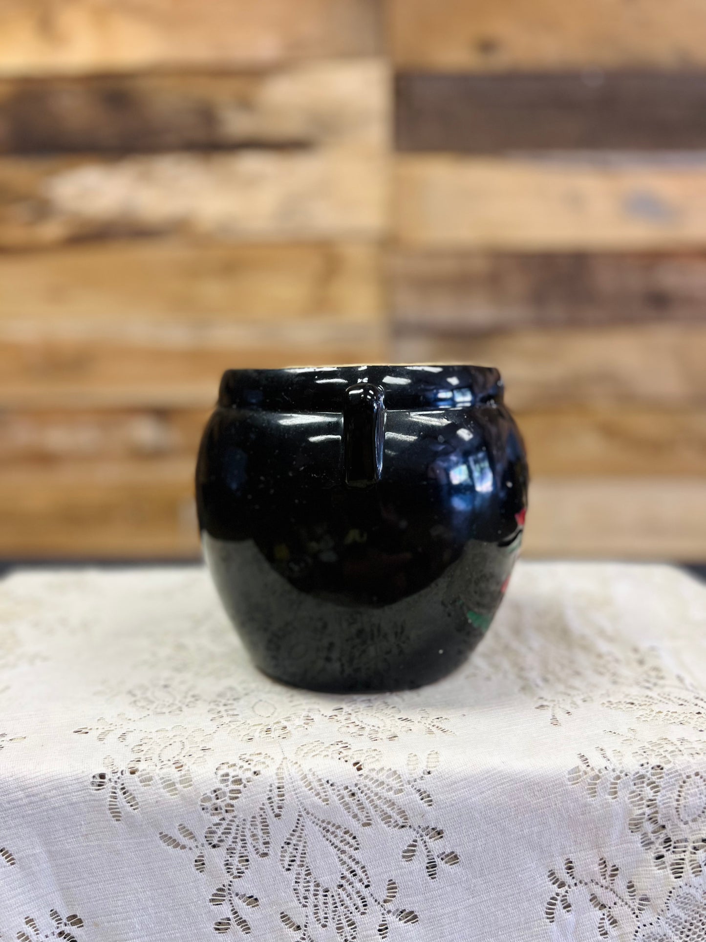Vintage Pottery Stoneware Crock Featuring Hand-Painted Red Flowers on Black Finish