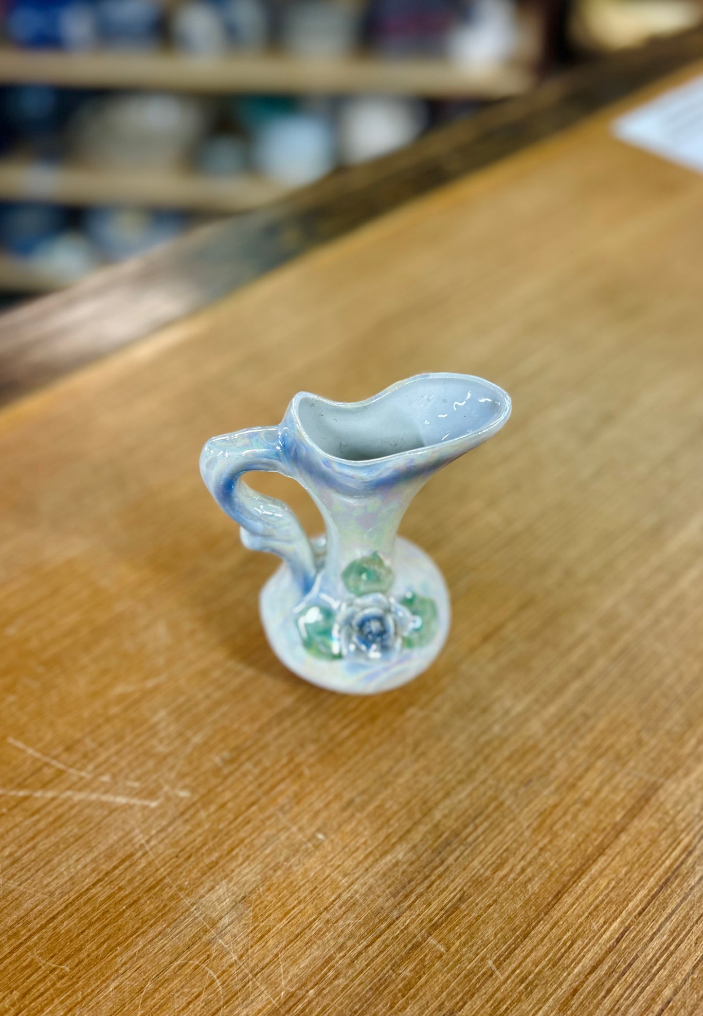 Vintage Lusterwire Pitcher with White Iridescent Glaze and Blue Rose Design