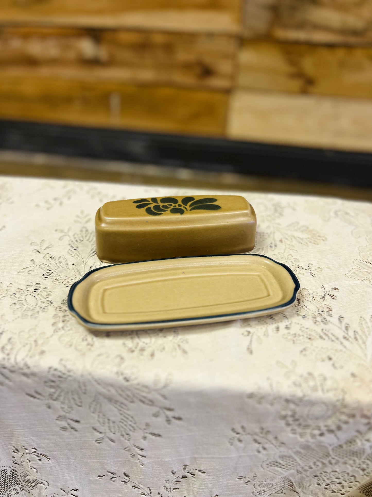 Vintage Tan and Blue Pfaltzgraff Butter Dish