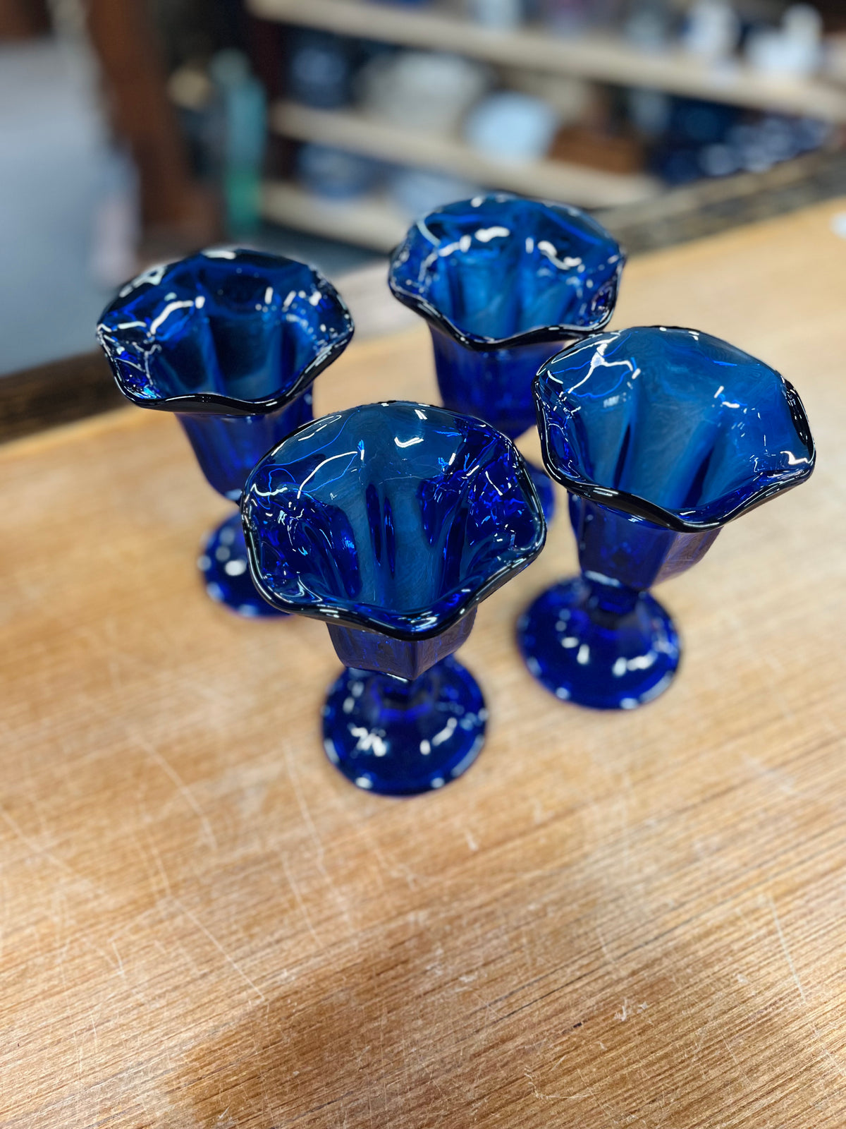 Vintage Cobalt Blue Tulip Shaped Sundae Set Of 4 Glasses