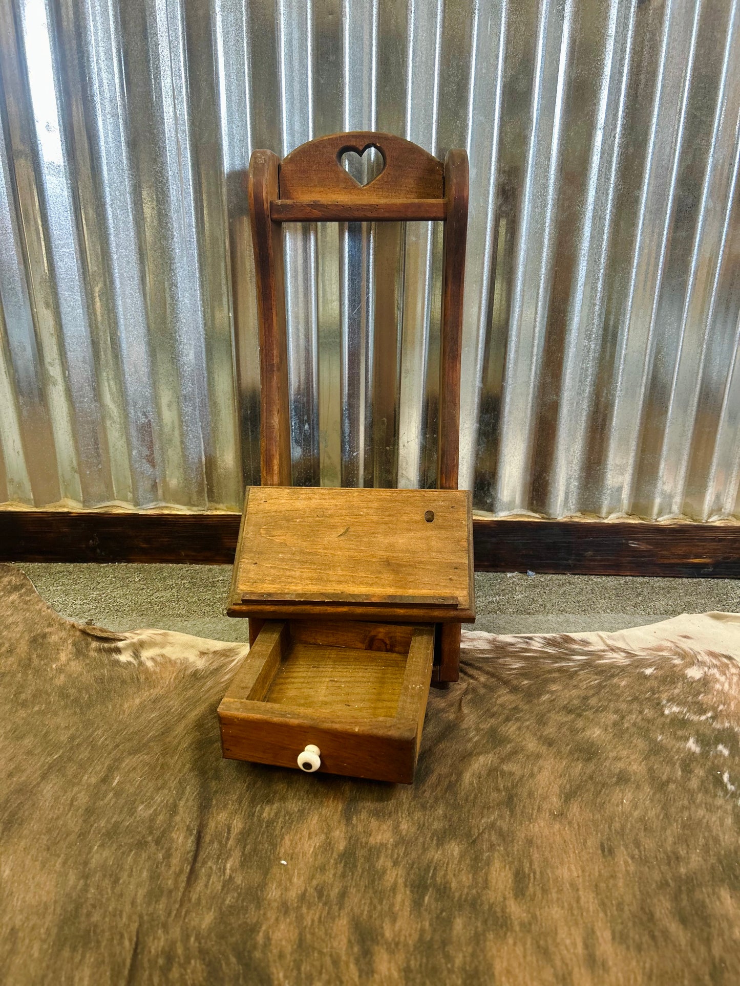 Vintage Wooden Wall- Mount Shelf With Heart Cutout and Drawer