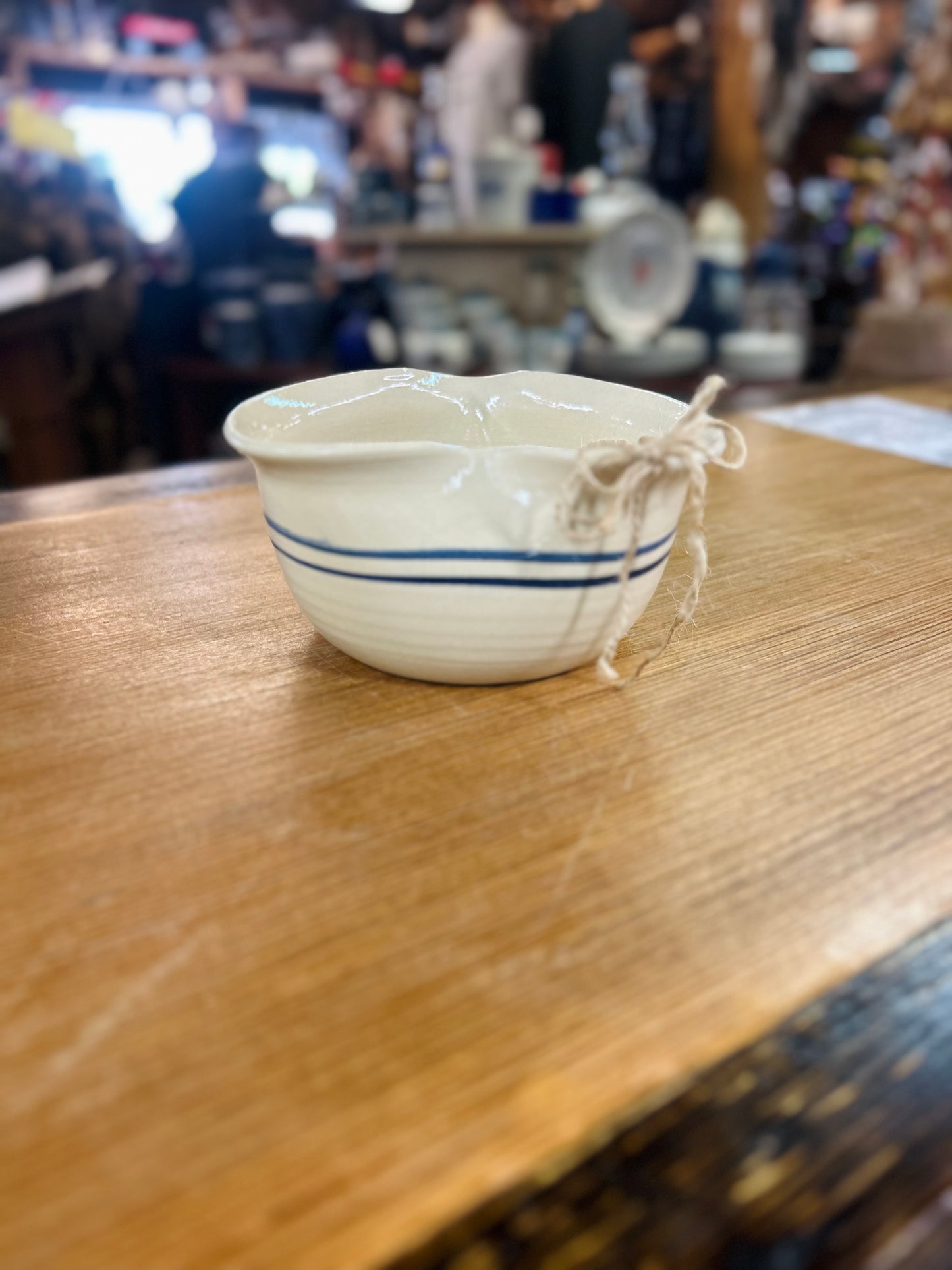 Vintage Marshall Pottery Heart Shaped Bowl with Blue Stripes
