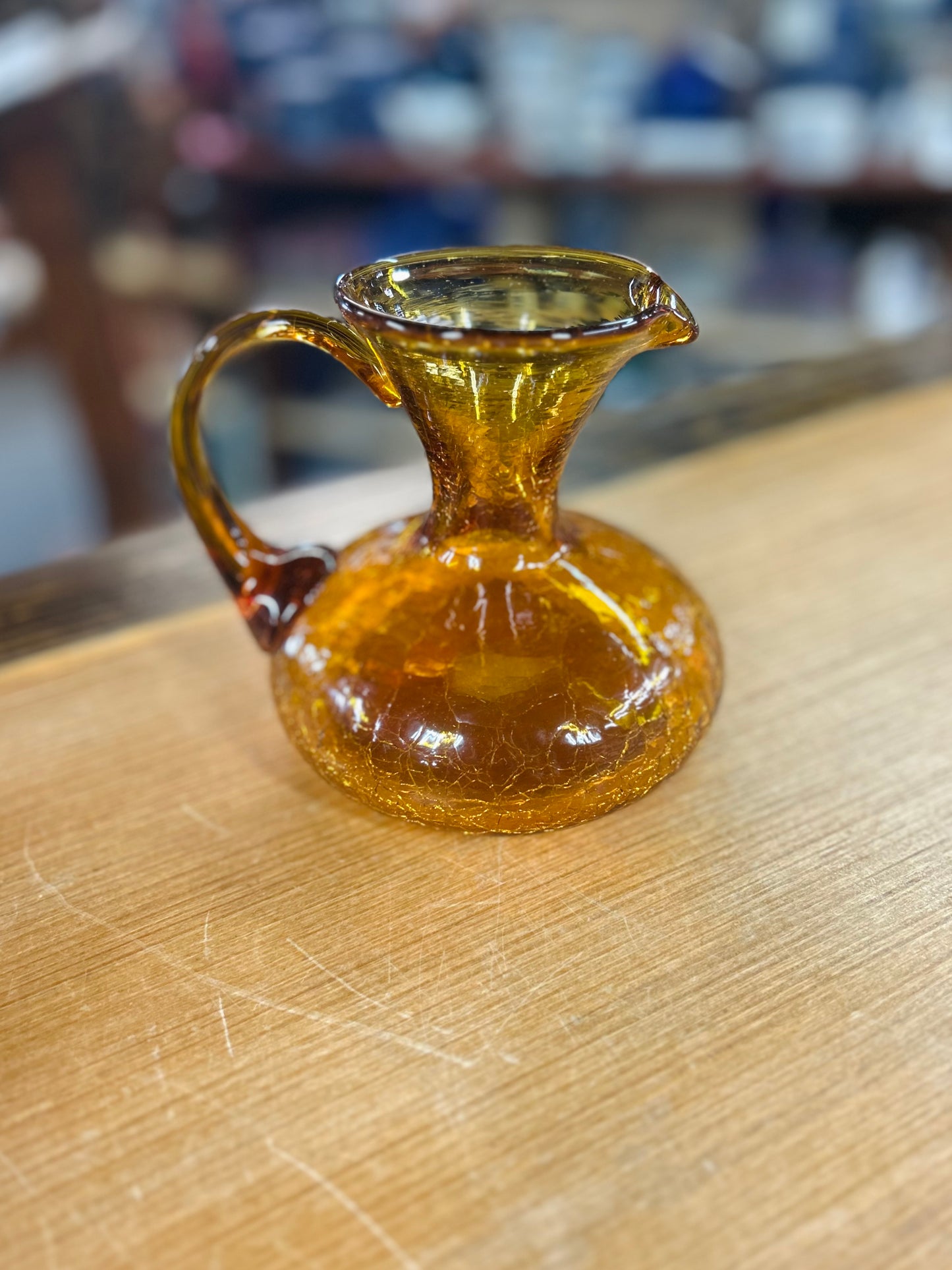 Old Amber Crackle Glass Hand Blown Pitcher