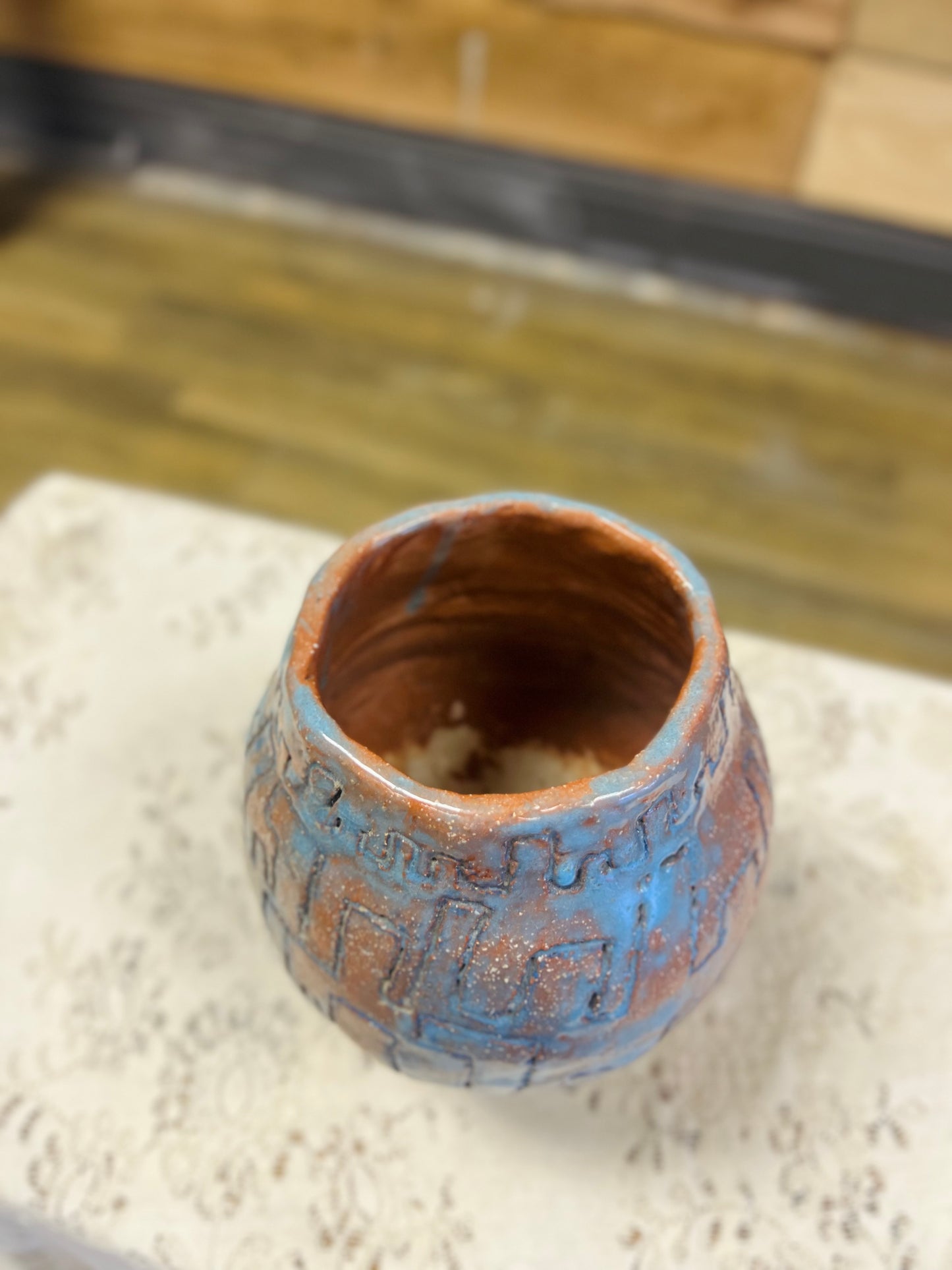Old Handmade Blue and Orange Pottery Vase