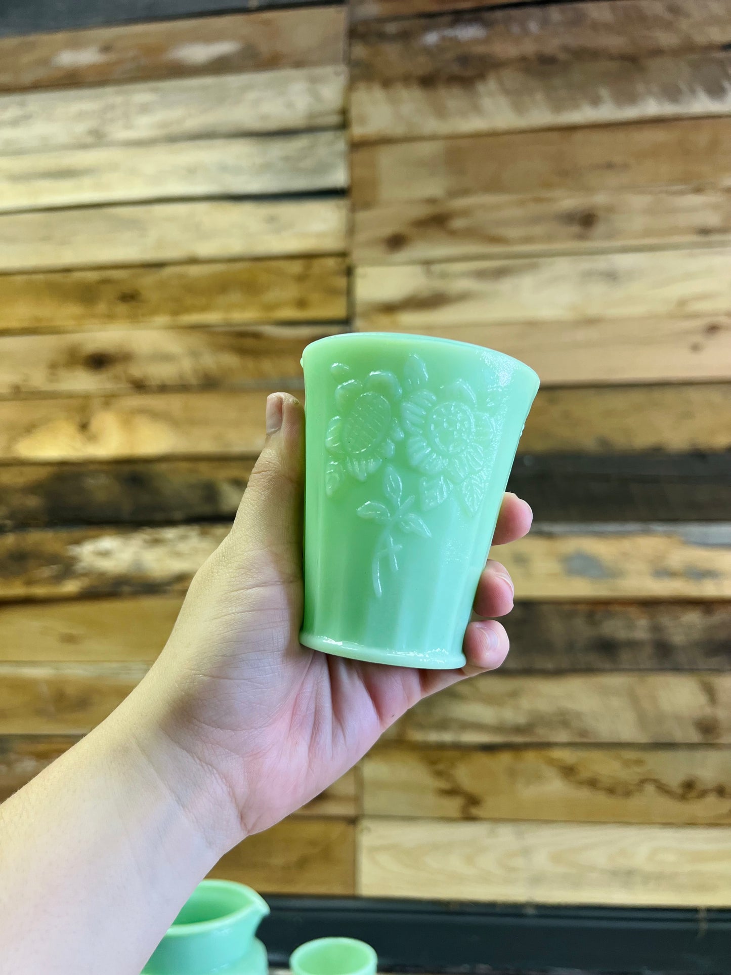 Green Jadeite Pitcher and 4 Cups Set