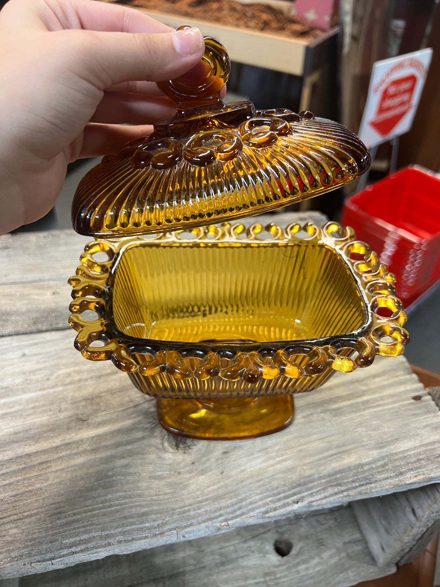 Glass Amber Candy Dish with Lid