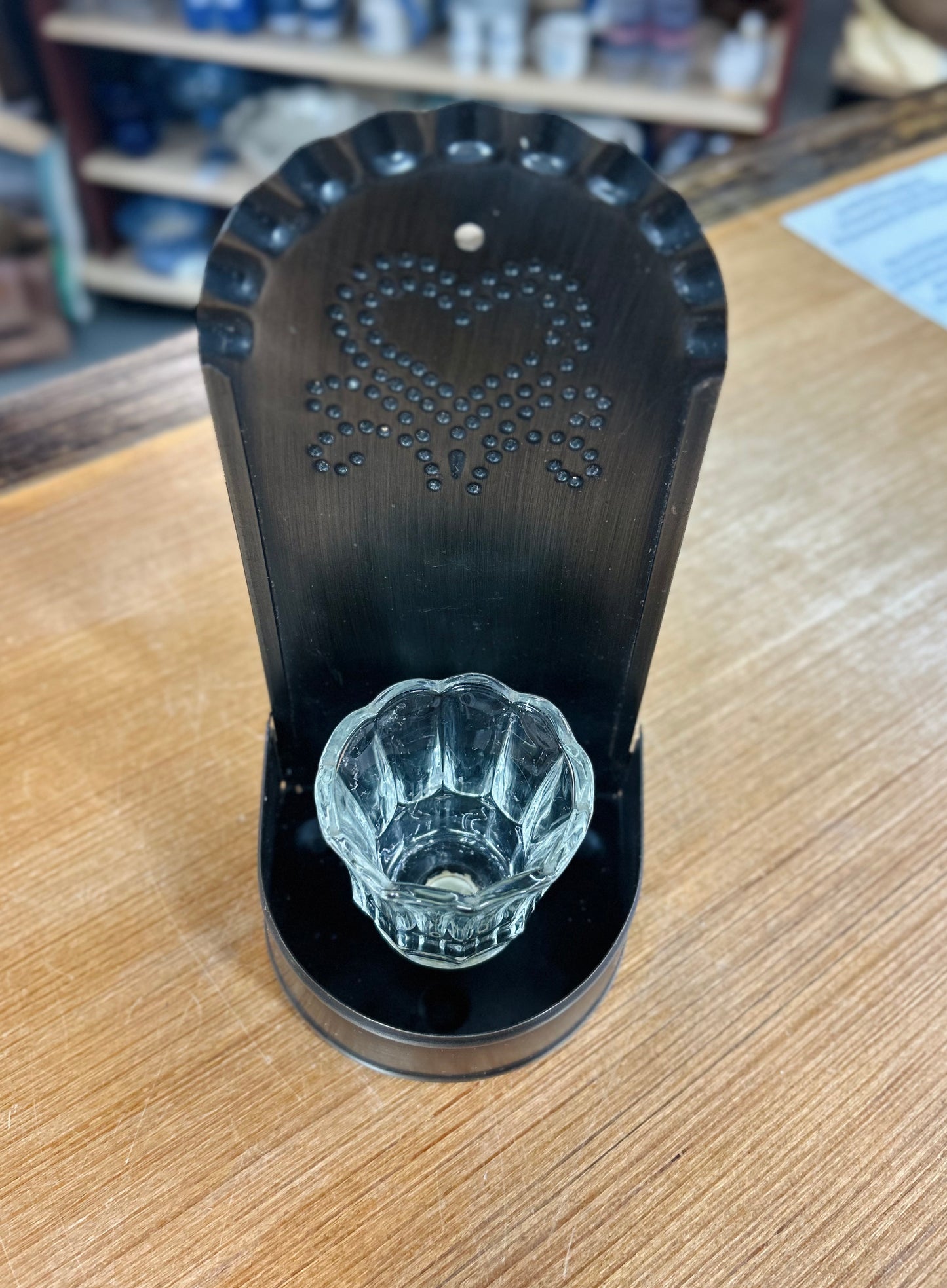 Punched Tin Wall Sconce With Candle Holder Featuring a Black Finish And Heart Design