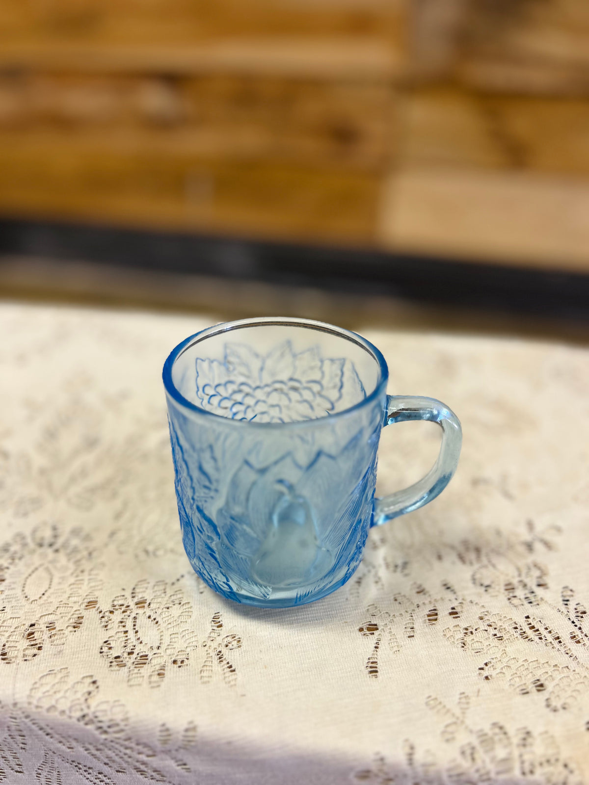 Vintage Ice Blue Floral & Fruit Glass Mug