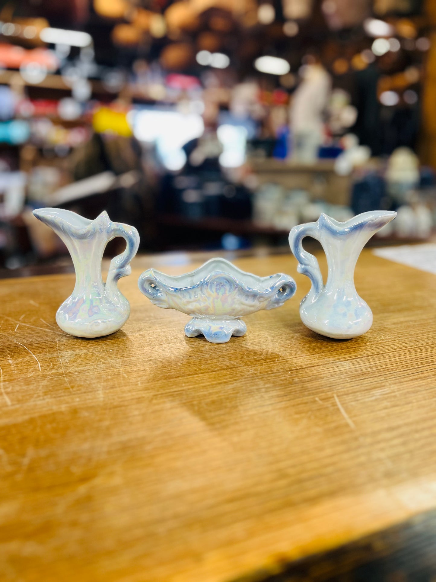 Vintage Lusterware Two Pitchers & Candy Dish with White Iridescent Glaze and Blue Rose Design