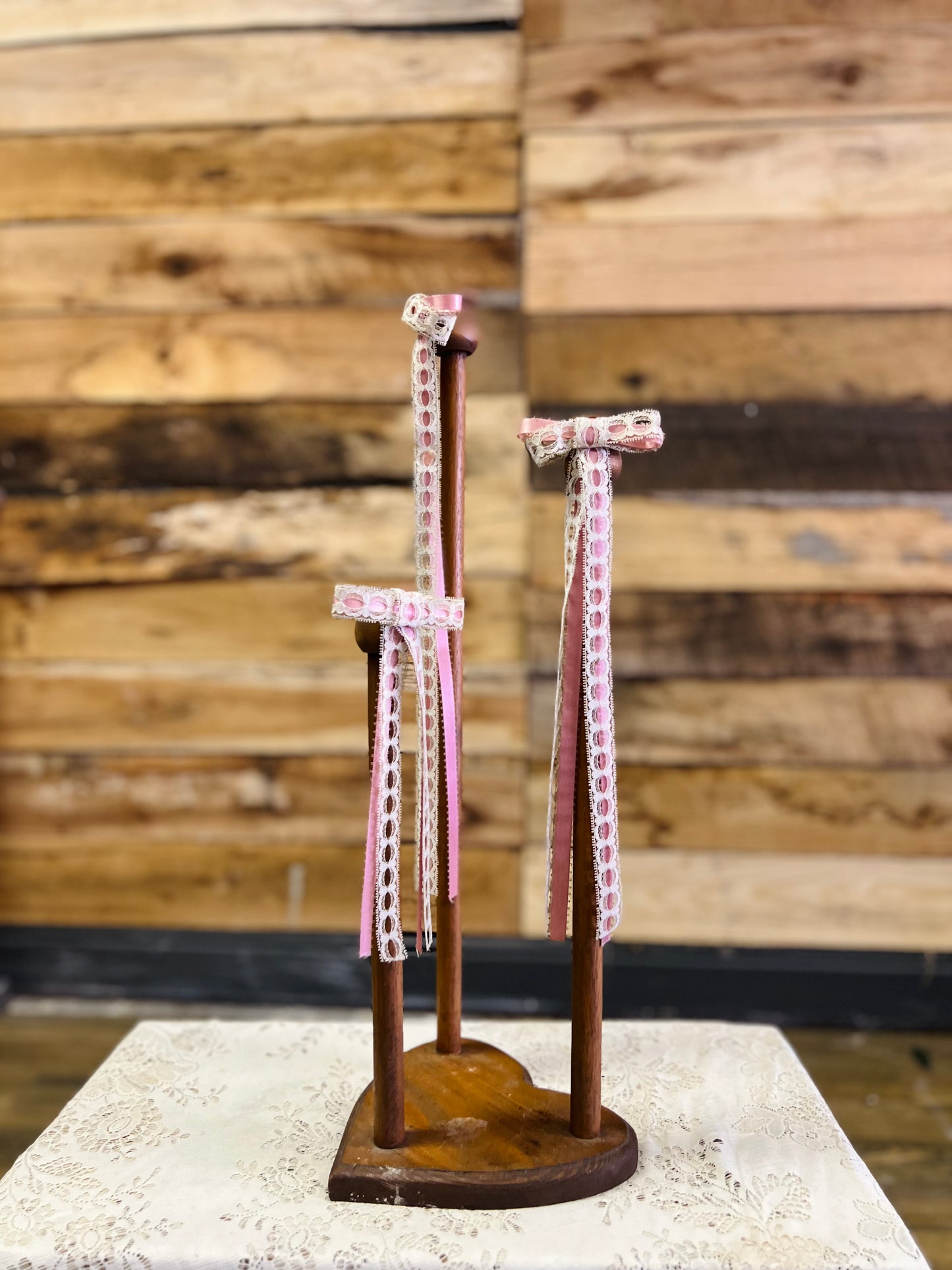 Wooden Candelabra Candle Holder with Pink and White Ribbon Bows