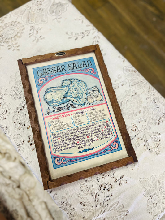 Vintage 1972 Pati Soova Janis Ceasar Salad Recipe Print Wooden Framed