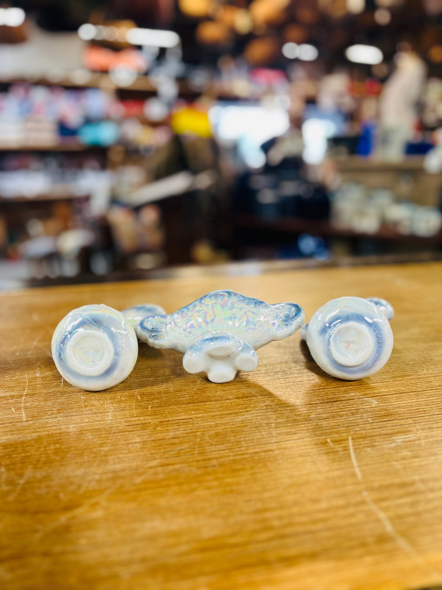 Vintage Lusterware Two Pitchers & Candy Dish with White Iridescent Glaze and Blue Rose Design