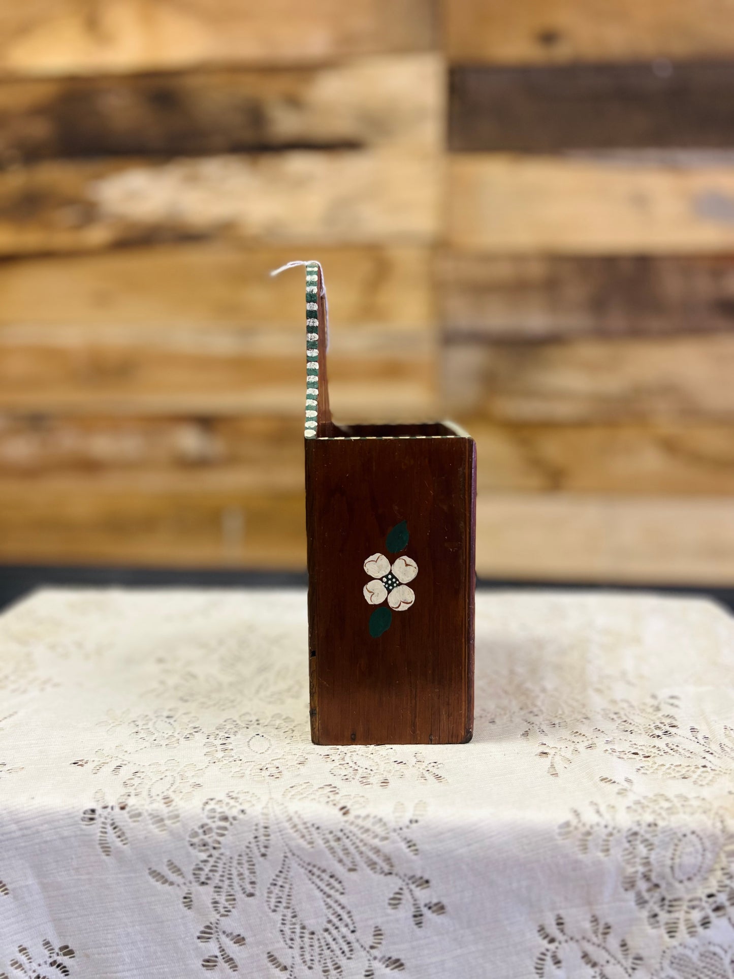Vintage Wooden Wall Pocket with Floral Design
