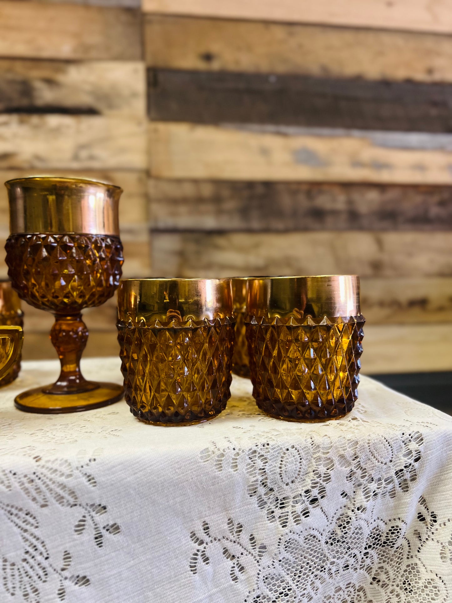 Vintage Indiana Glass Amber Diamond Point Tumbler 8 Piece Set