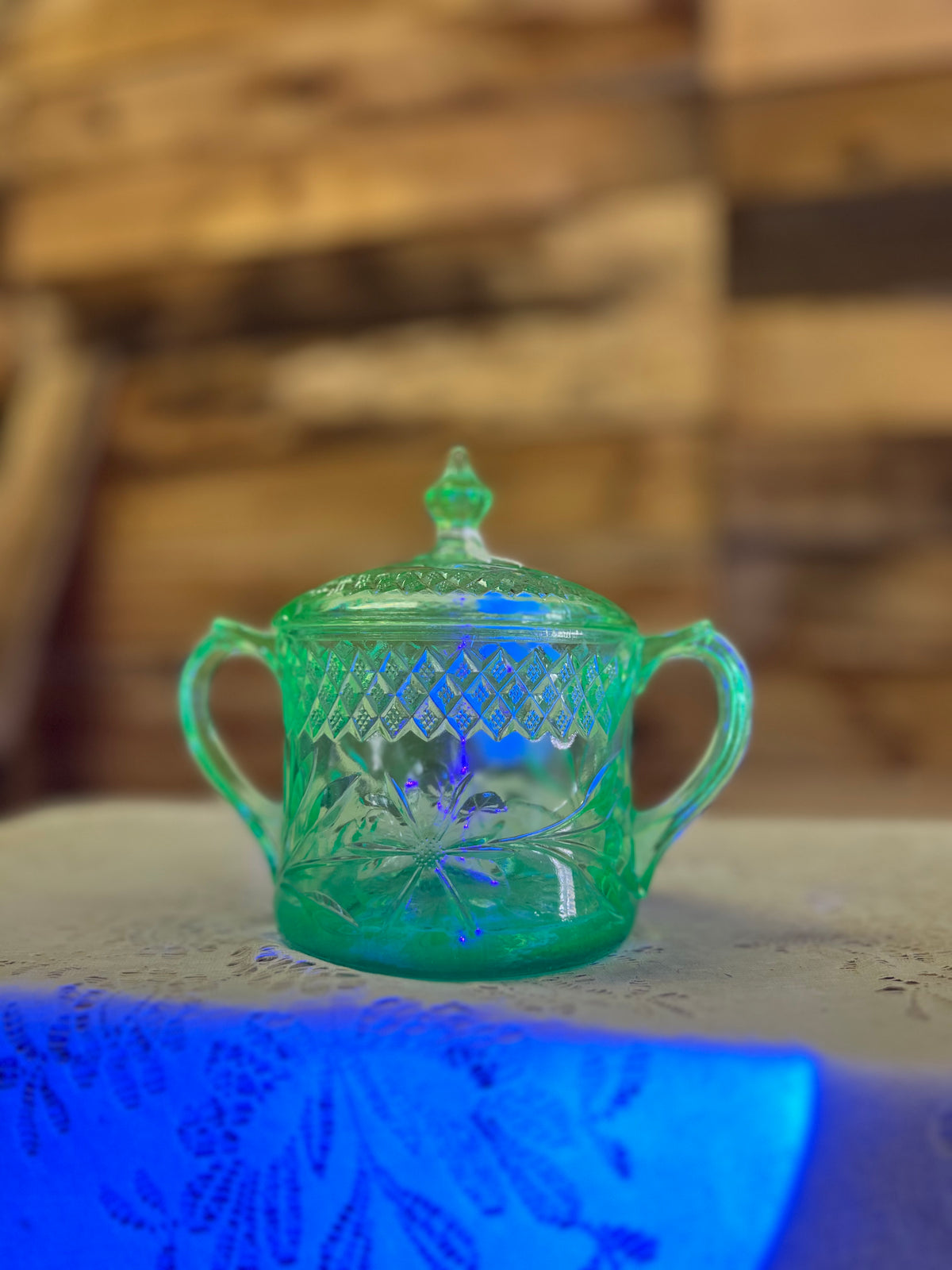 Vintage Green Double Handled Uranium Glass Dish With Lid